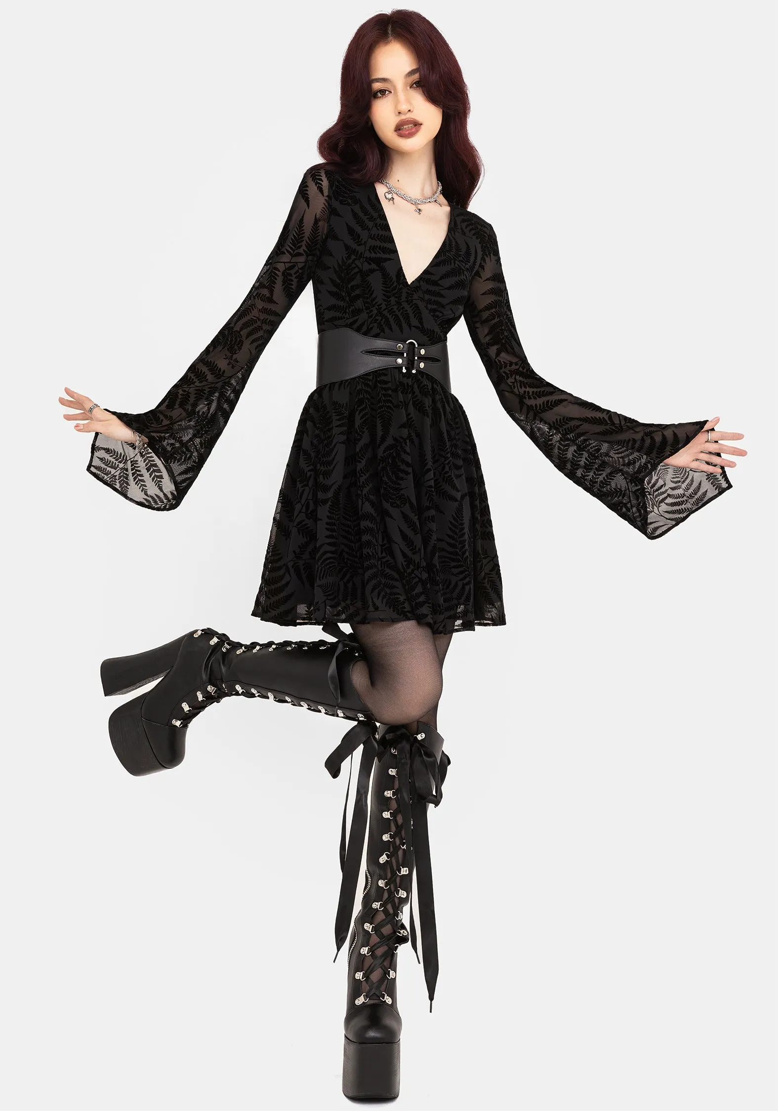 Versatile Fit All Time Fit Lunafern Fern Leaf Flocked Mesh Flute Sleeve Mini Dress