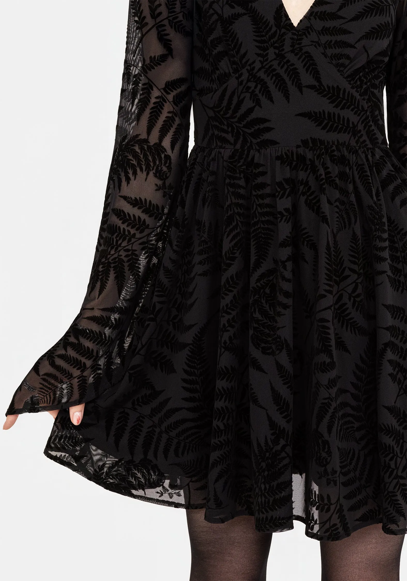 Breath Soft Lunafern Fern Leaf Flocked Mesh Flute Sleeve Mini Dress