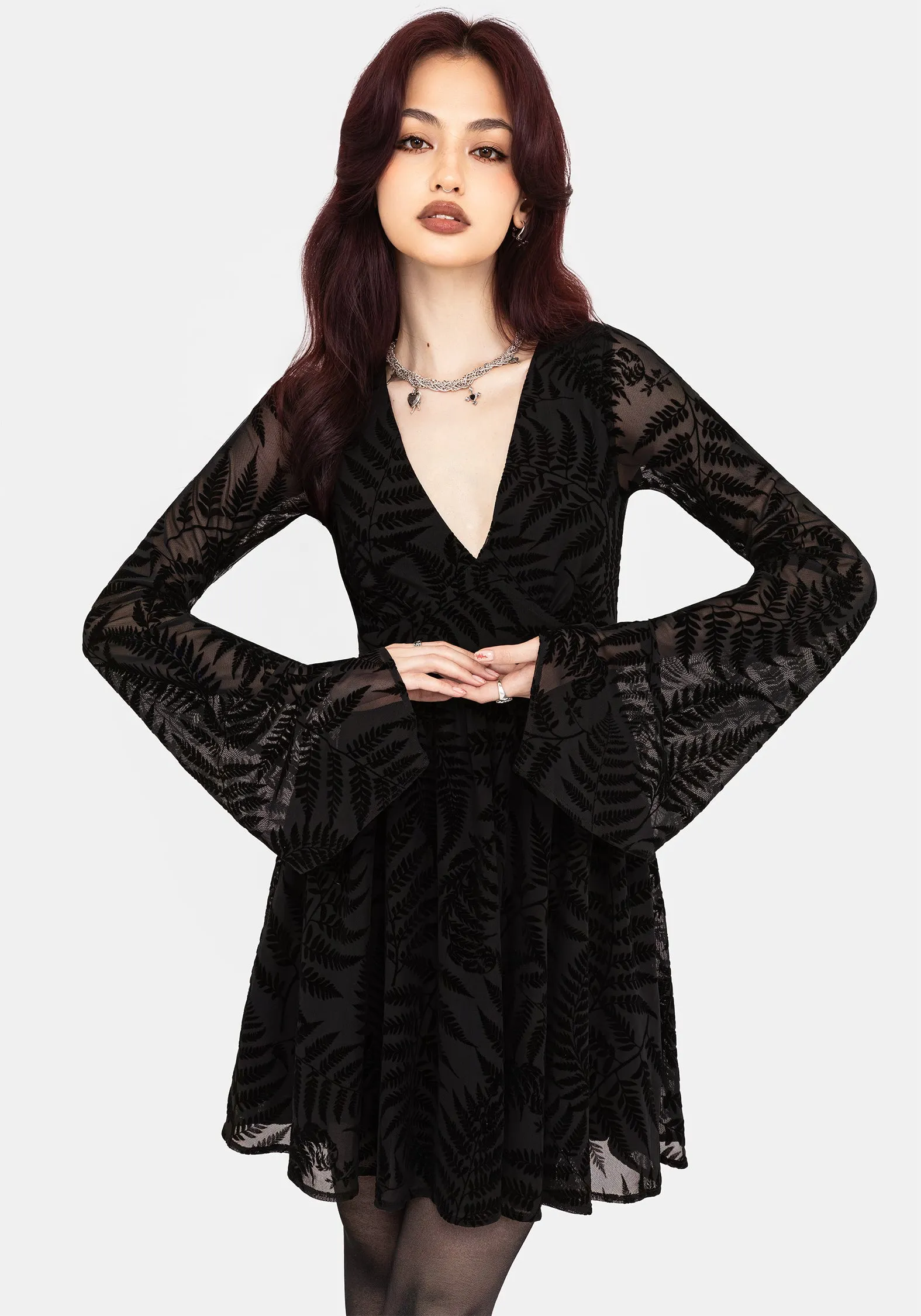 Lunafern Fern Leaf Flocked Mesh Flute Sleeve Mini Dress Boat-Neck Versatile Layering