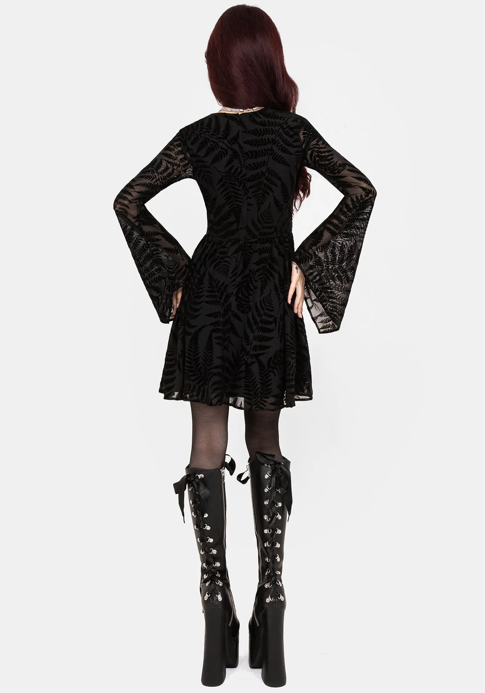 Lunafern Fern Leaf Flocked Mesh Flute Sleeve Mini Dress Trendy Comfort Bold-Color