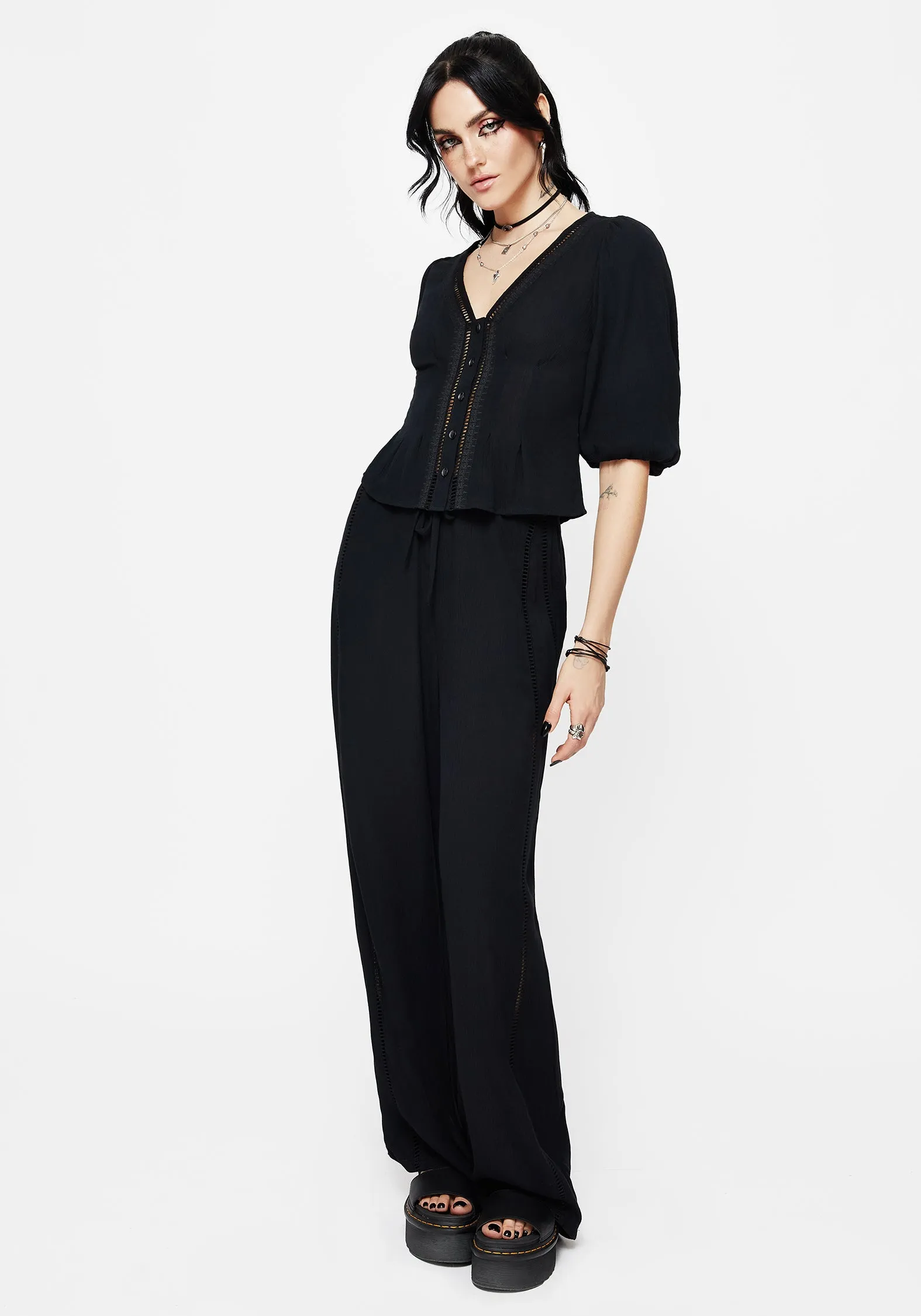 Blessing Lace Trim Tapered Waist Blouse Top FoamReinforcedCollar