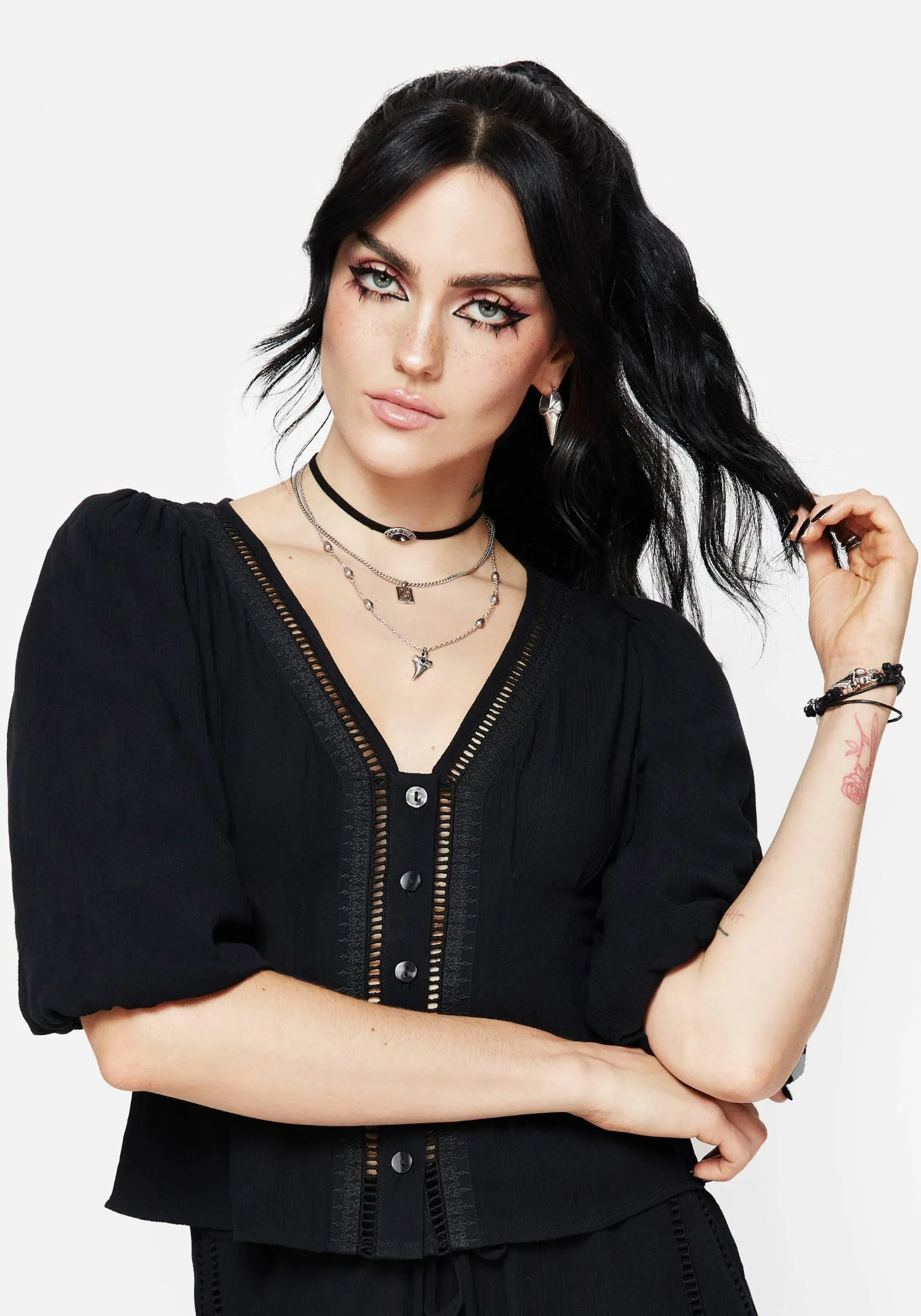 Blessing Lace Trim Tapered Waist Blouse Top Multipocket Style