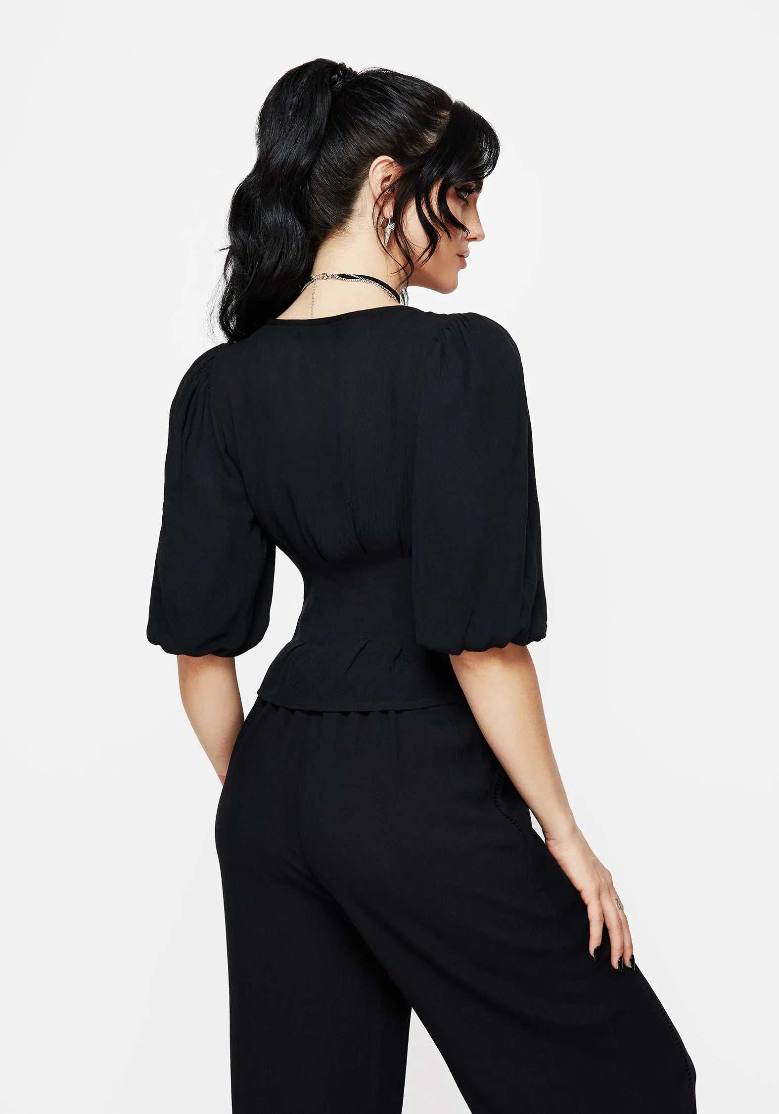 Blessing Lace Trim Tapered Waist Blouse Top Camping Essential