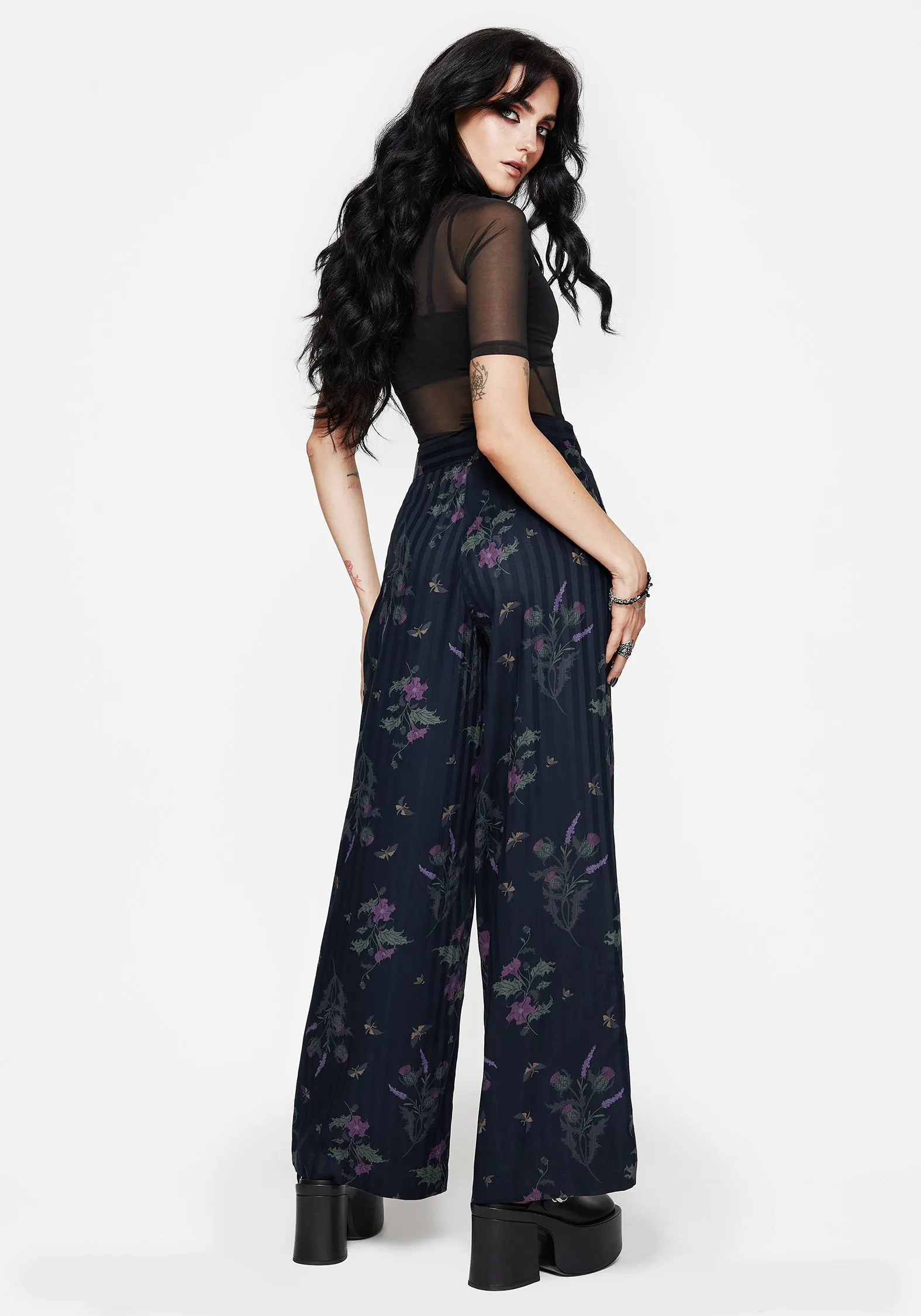 Reinforced Pockets Cassandra Satin Stripe Thistle Print Trouser
