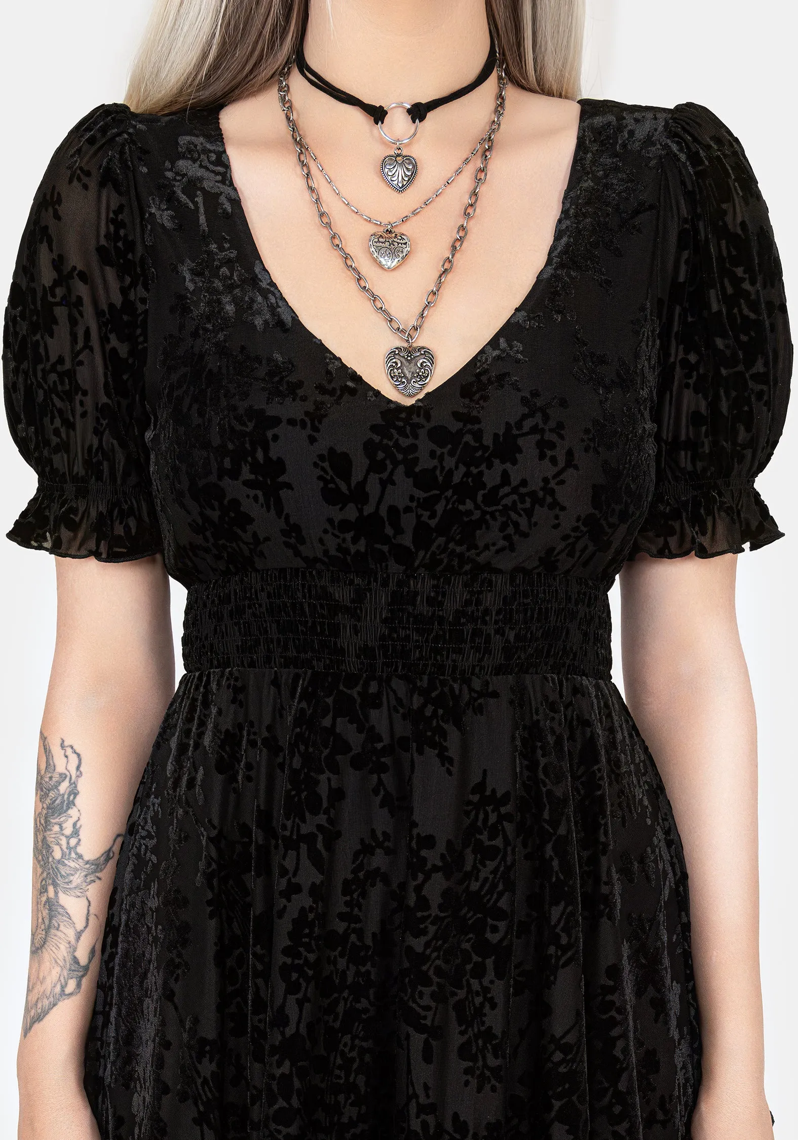 Classic Grace Lilias Devor?? Velour Mesh Tiered Mini Dress