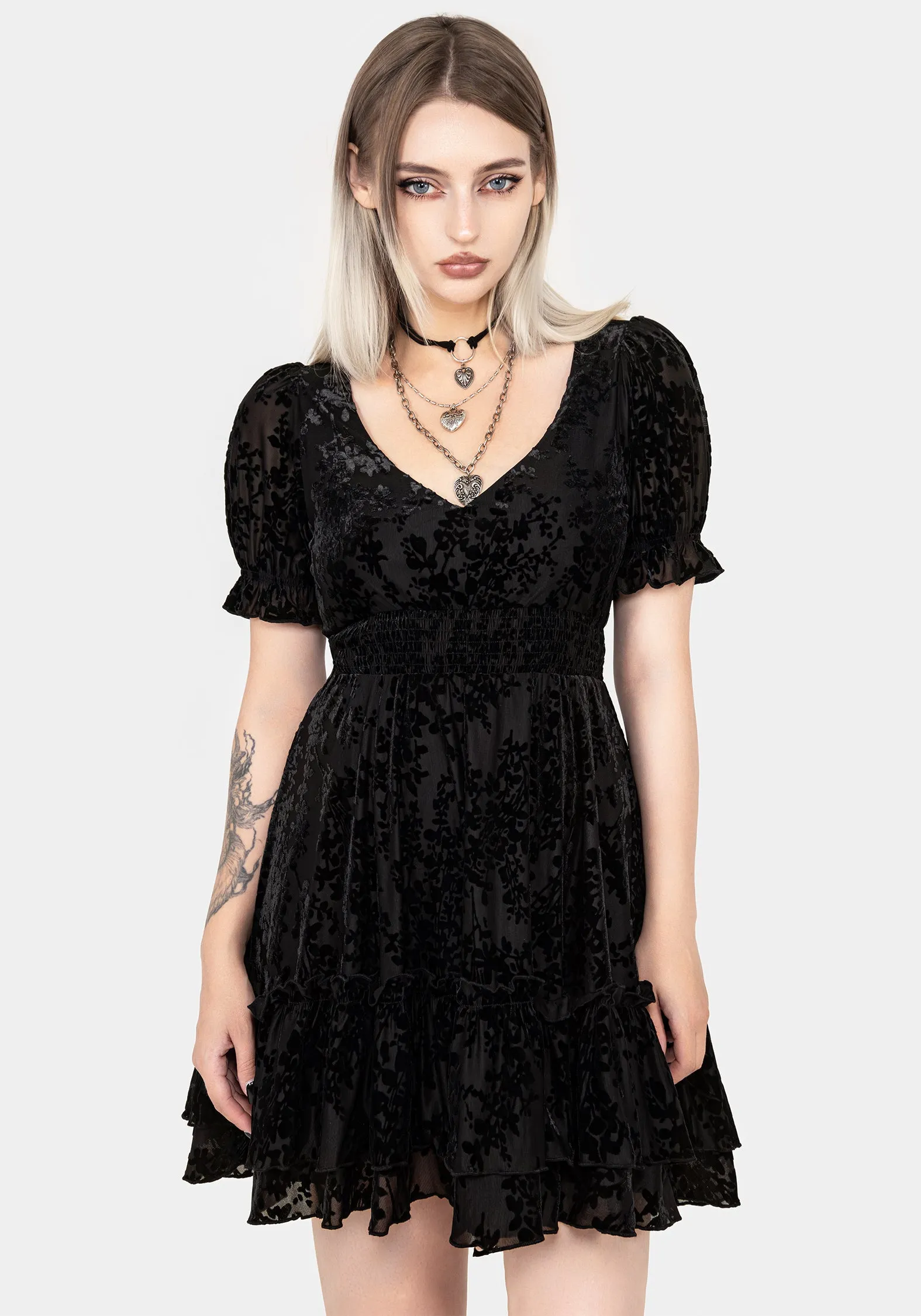 Classic and Chic Lace Soft Lilias Devor?? Velour Mesh Tiered Mini Dress