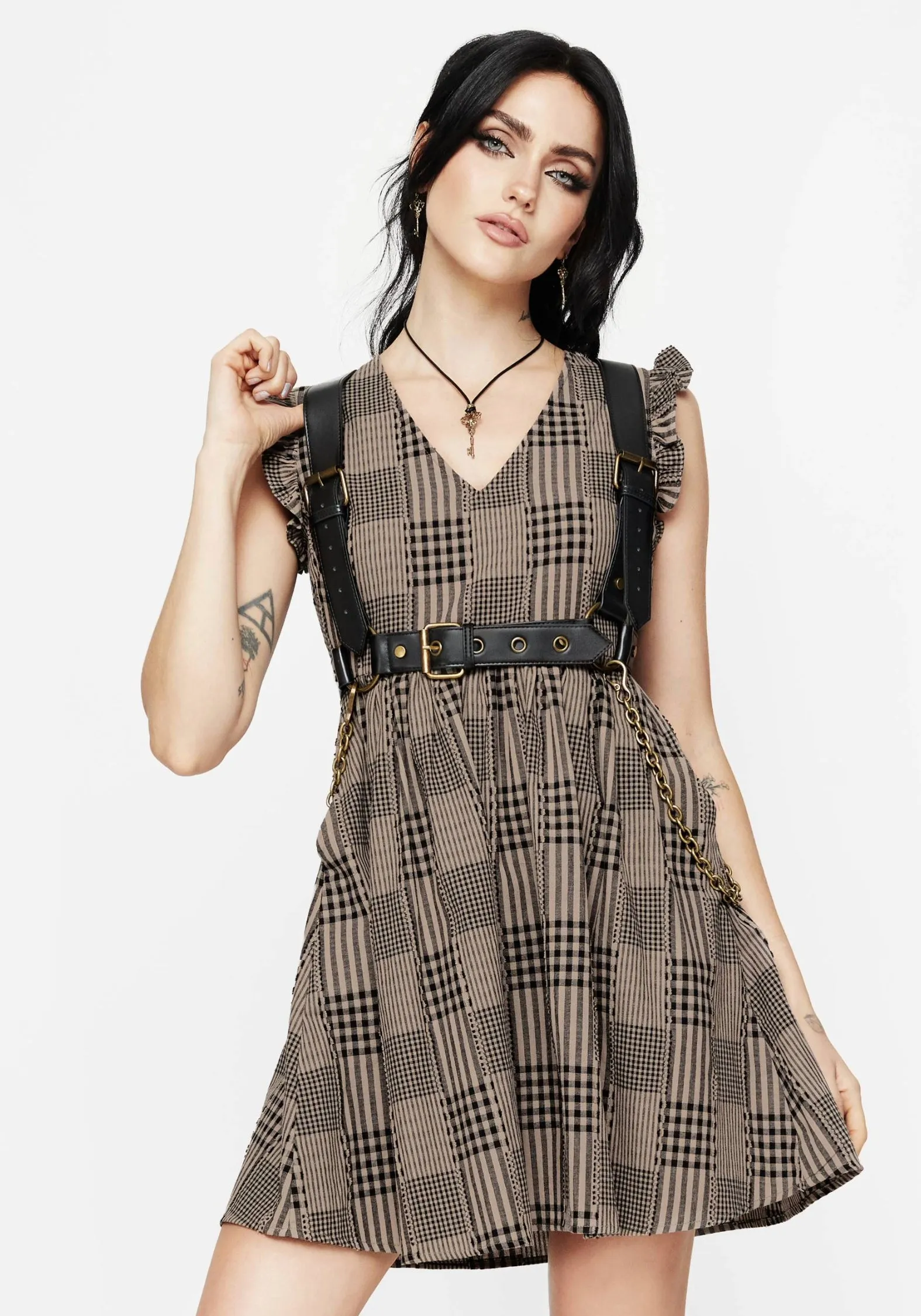 Adjustable Straps Mabel Check Mini Skater Dress