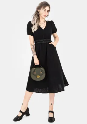 European Charm Trail Walk Poultice Embroidered Cotton Midi Dress - Black