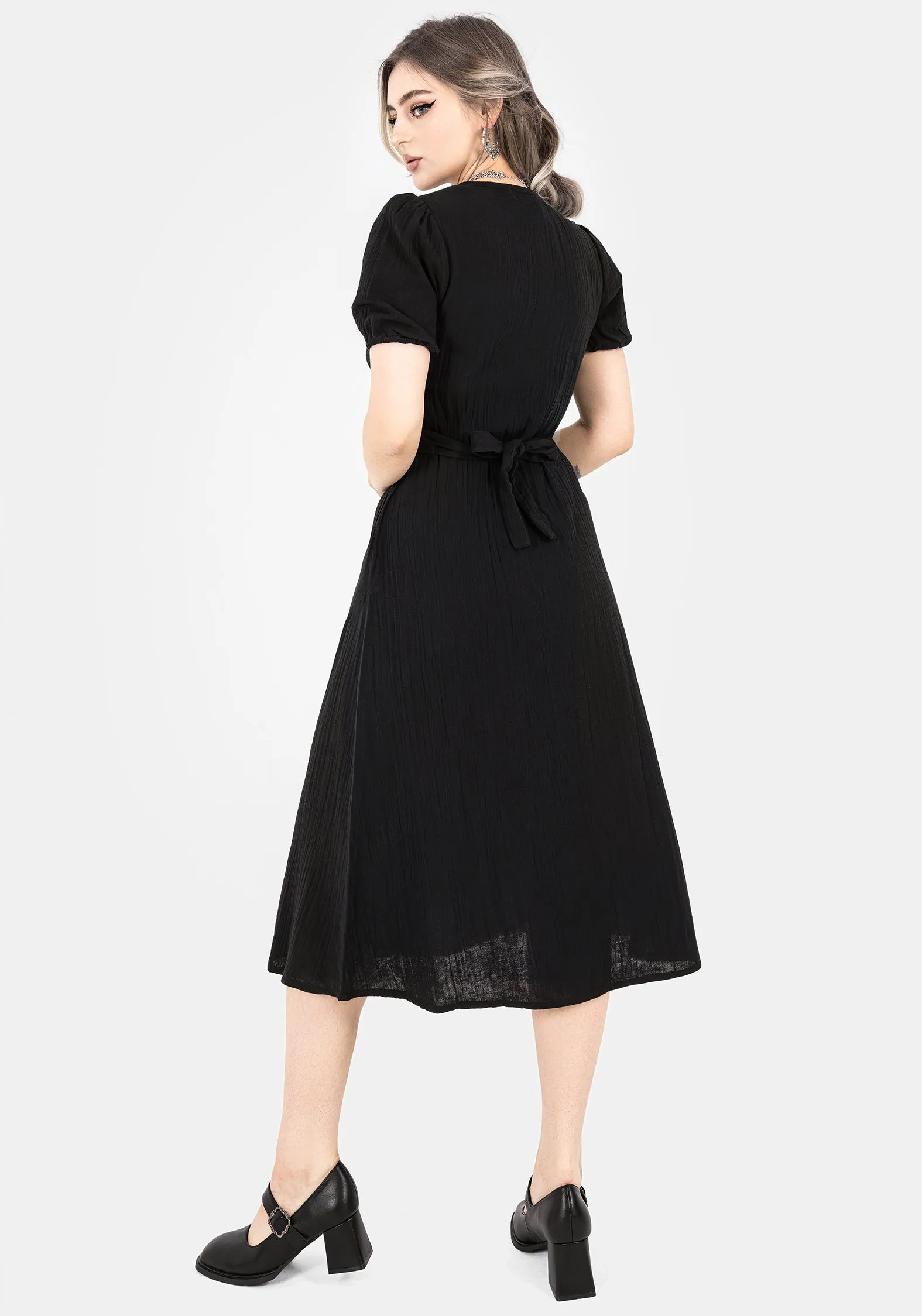 Calm Silhouette Button-Cuff Poultice Embroidered Cotton Midi Dress - Black