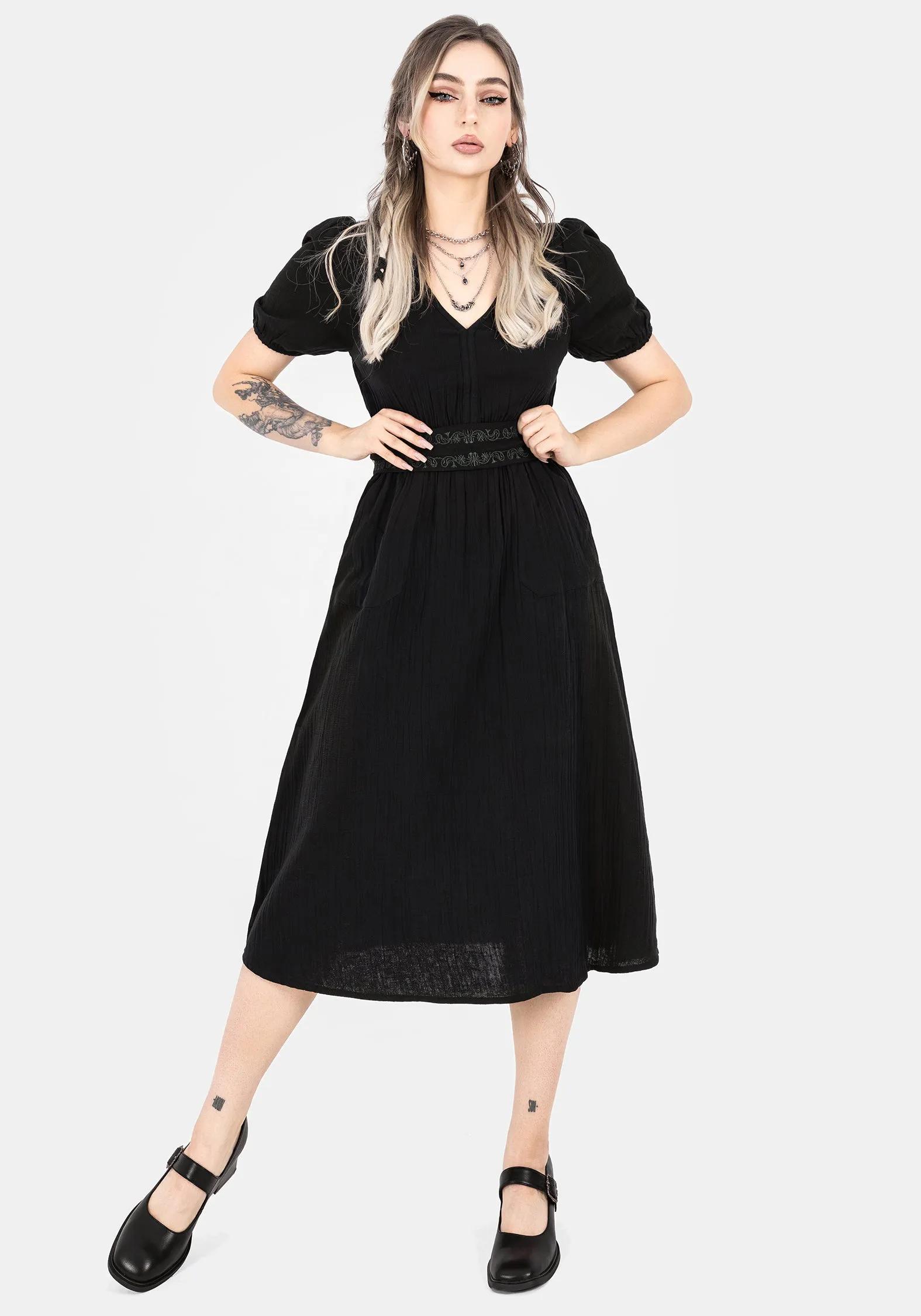 Holiday Wear Chic Wear Poultice Embroidered Cotton Midi Dress - Black