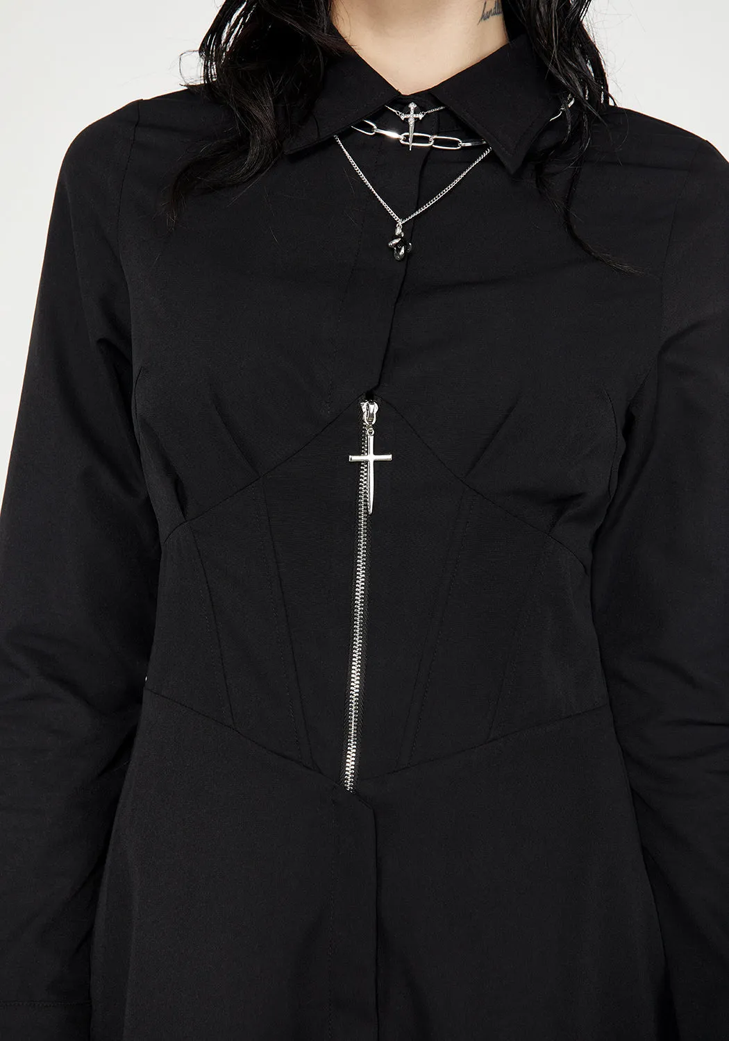 Feminine Vibe Button-Cuff Bullet Corset Shirt Dress