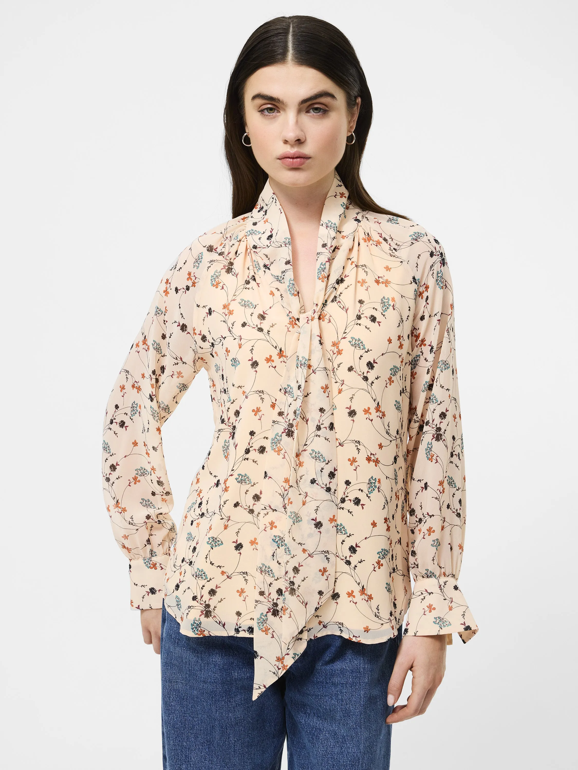Leithia Wispy Chiffon Neck Tie Top Relaxed Fit Shirt SeamlessKnitConstruction