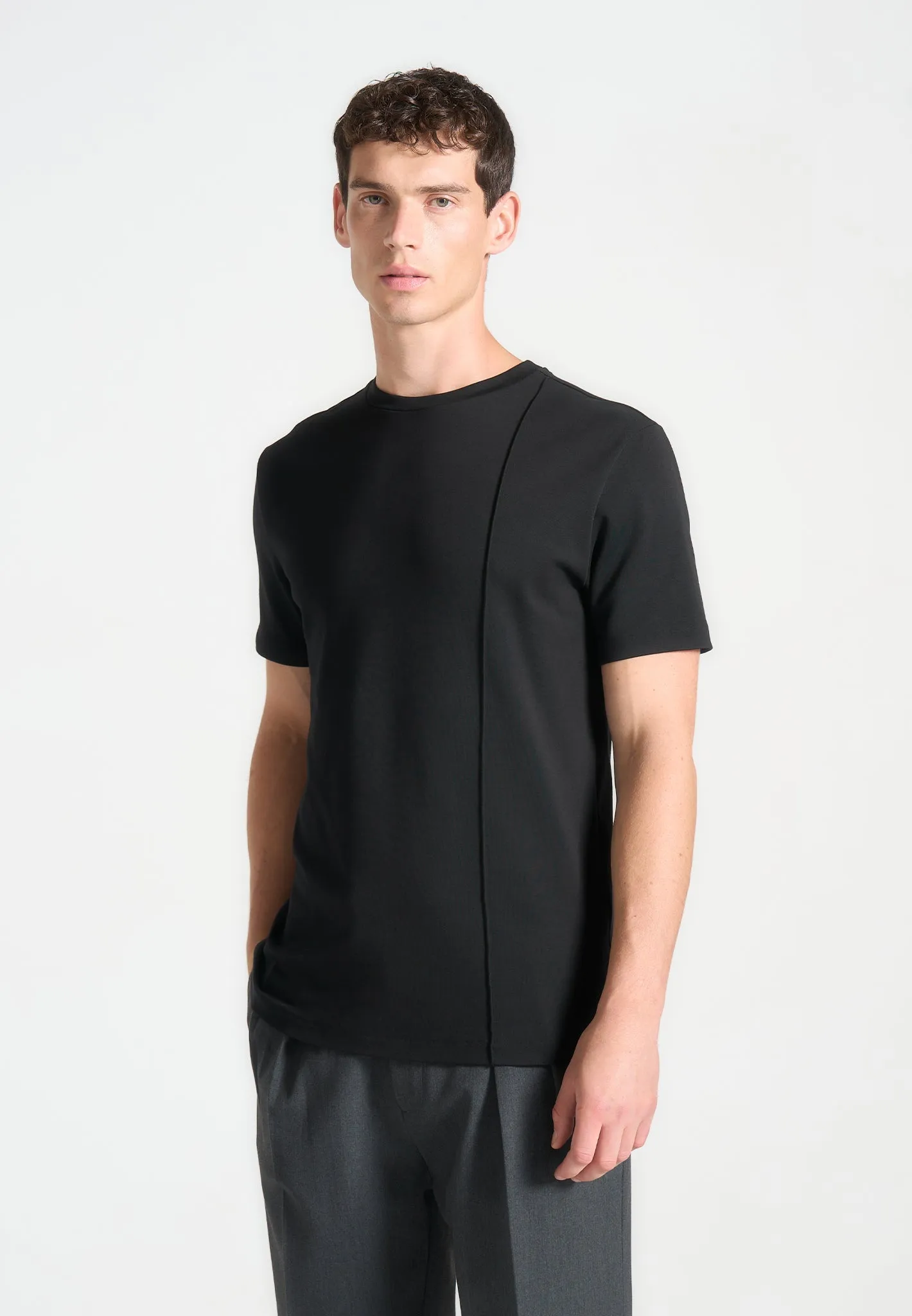 Button front Bruno - Regular Fit Cotton T-Shirt with Pintuck - Black