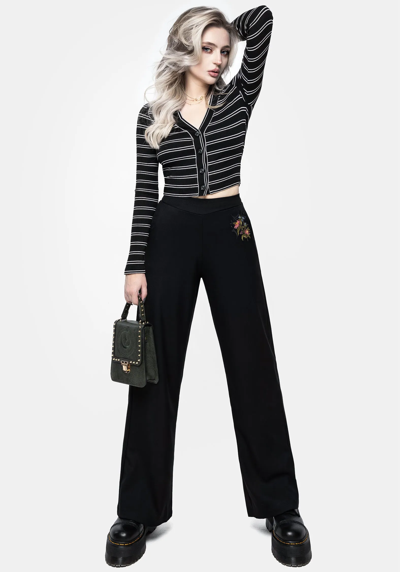 Crisp Look High Elasticity Material Cleome Floral Spiderweb Embroidered Trousers