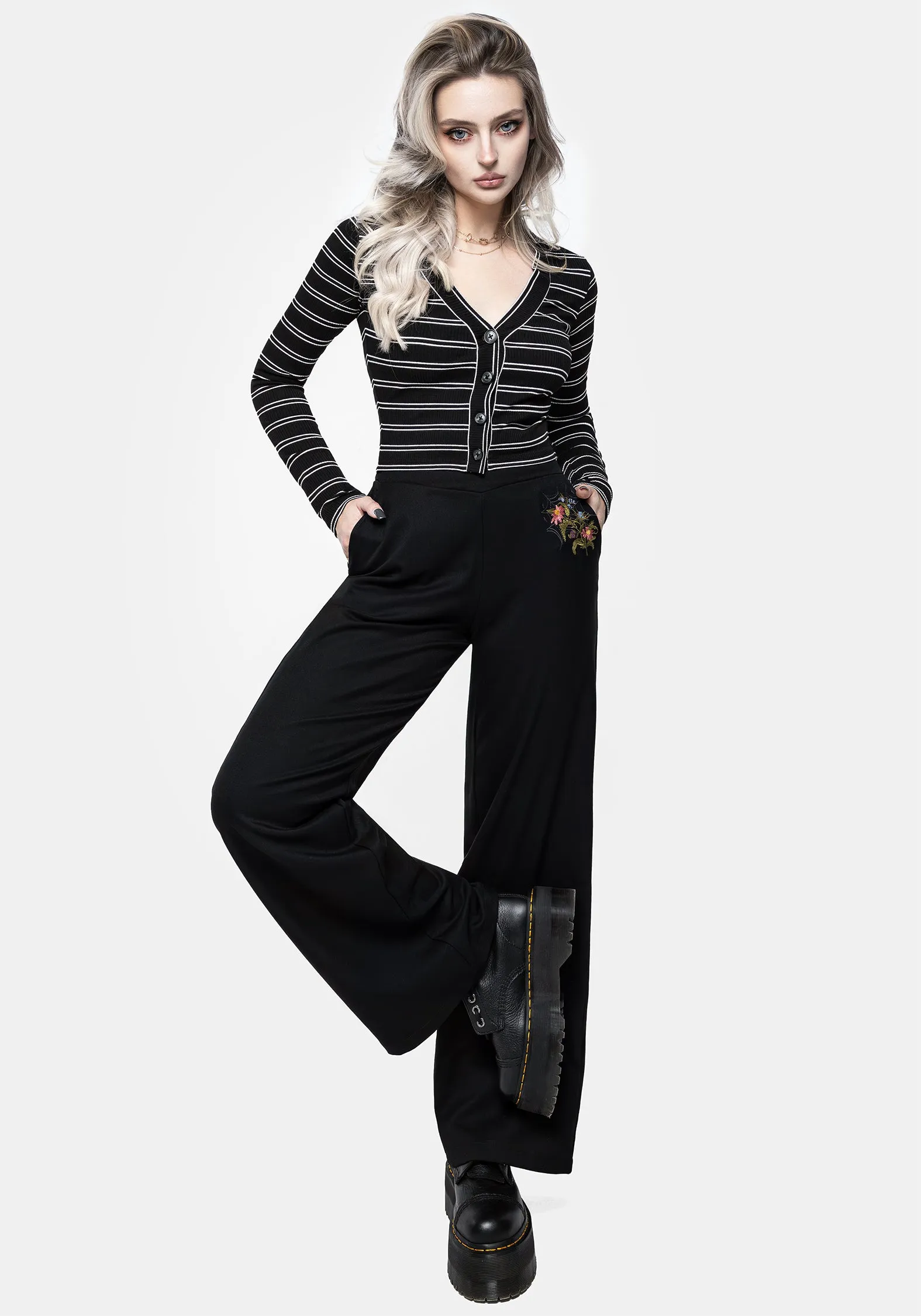 Cleome Floral Spiderweb Embroidered Trousers Effortless Wear Reinforced Hemline