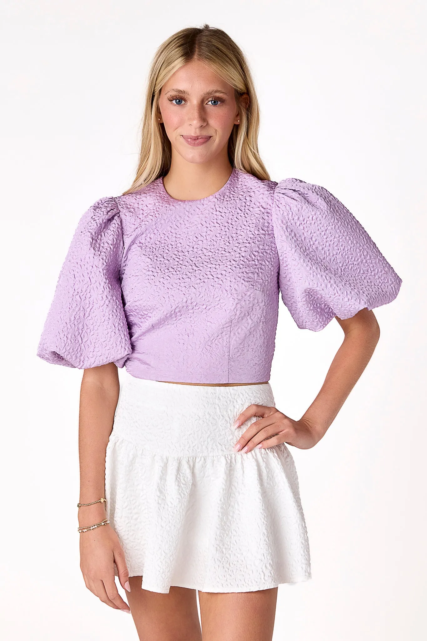 Callie Puff Sleeve Top Lavender StainRepellentCoating RawEdgedDesign