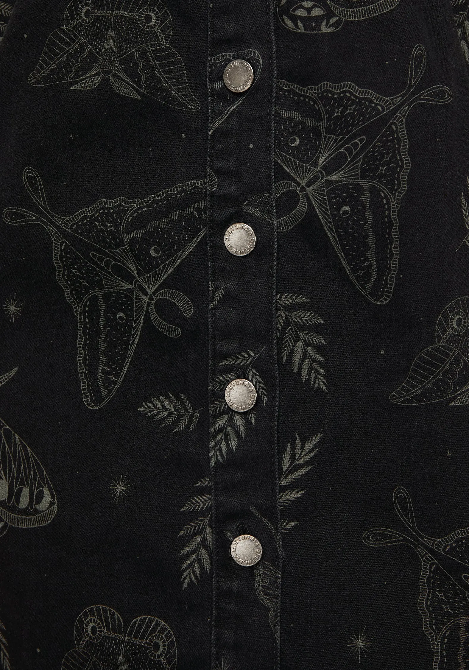 Callopistria Moth Print Denim Mini Apron Dress Playful-Detail