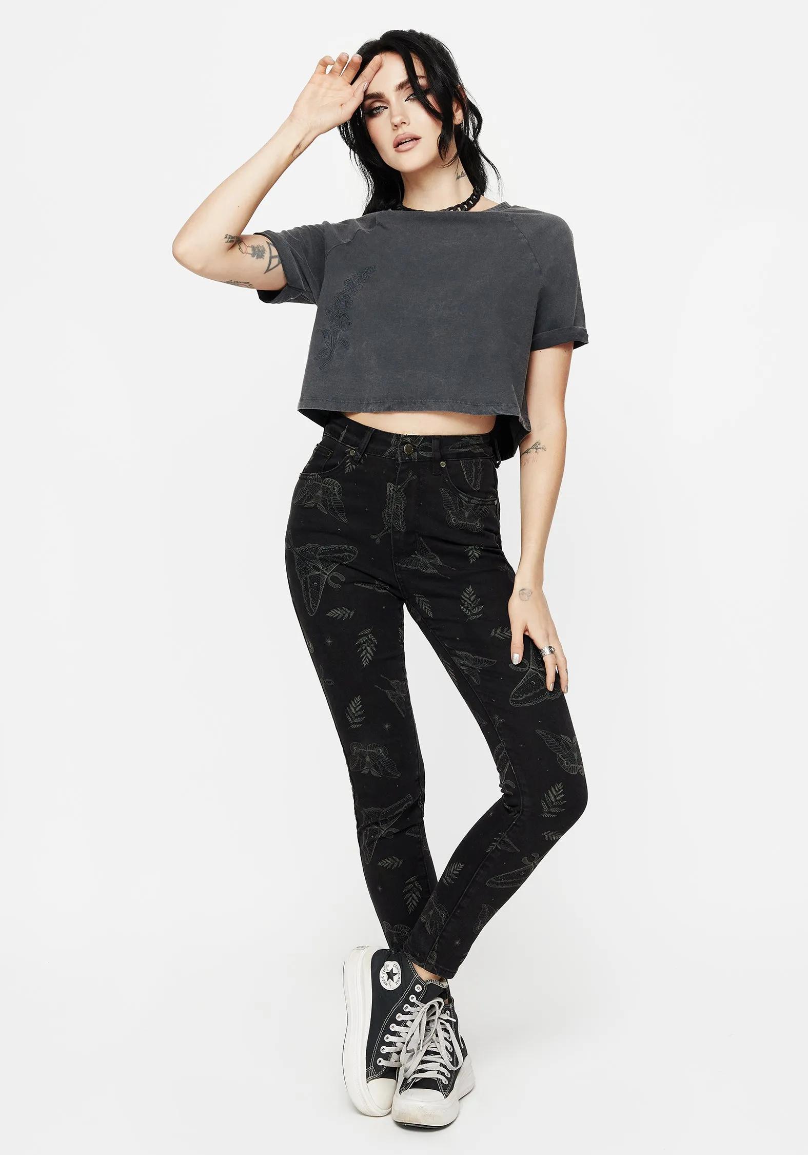 Callopistria Moth Print Denim Skinny Jeans Easy Fashion Adjustable drawstring