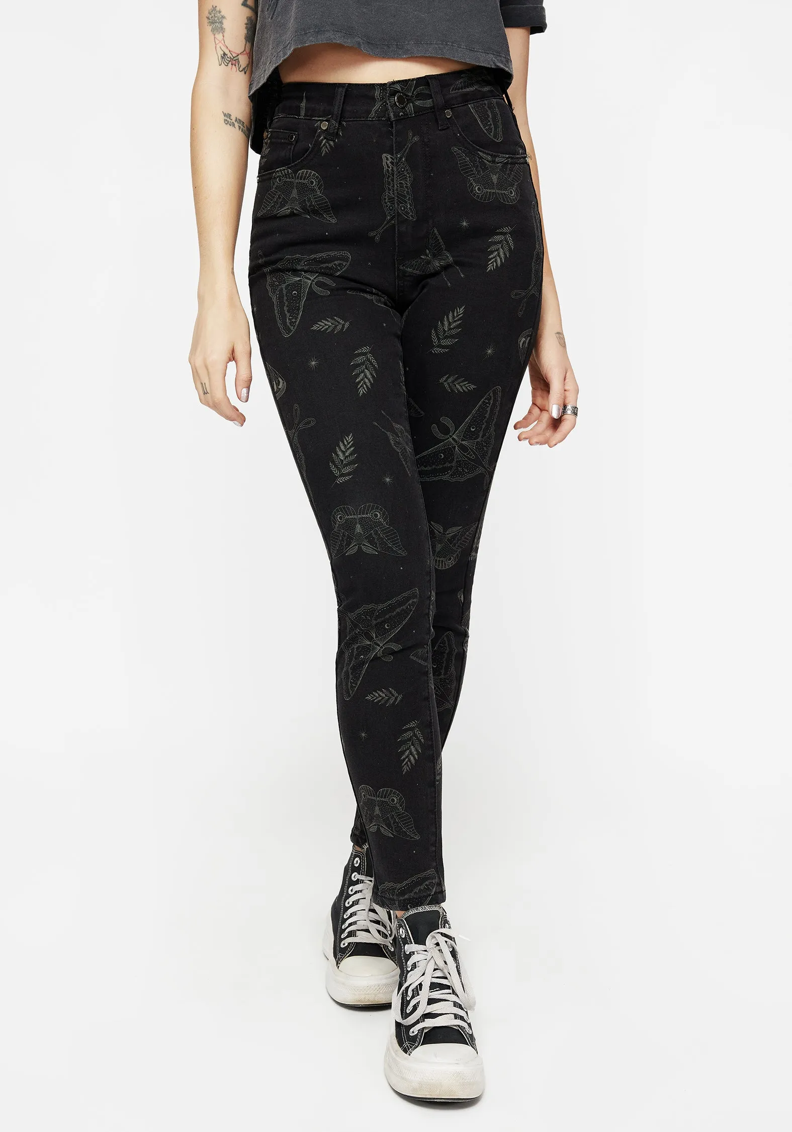 Classic Appeal Callopistria Moth Print Denim Skinny Jeans