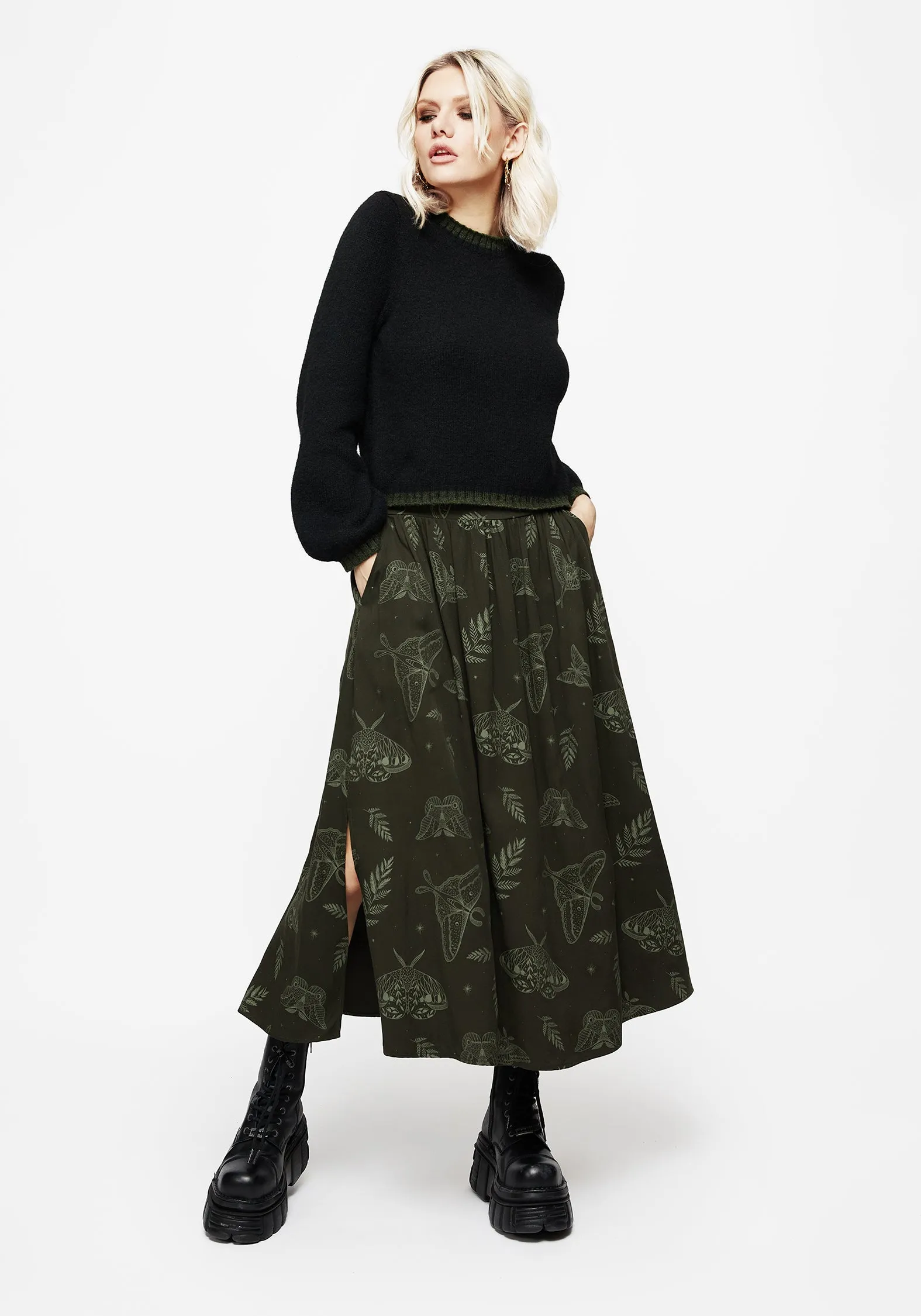 Breathable fabric Callopistria Moth Print Midi Skirt - Green