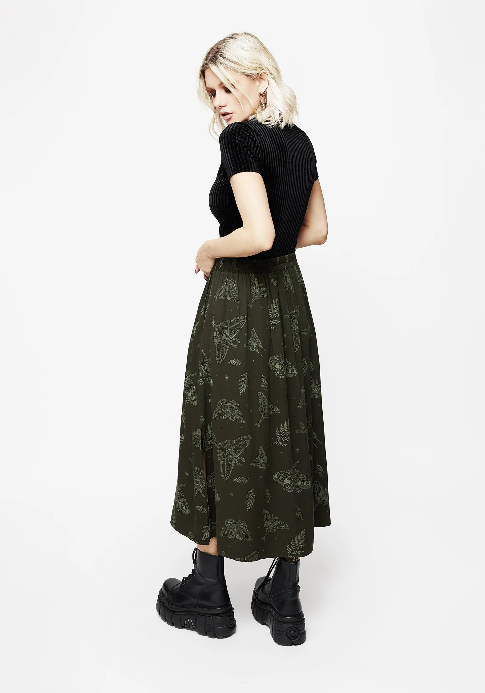 Cozy Outfit Subtle Look Callopistria Moth Print Midi Skirt - Green