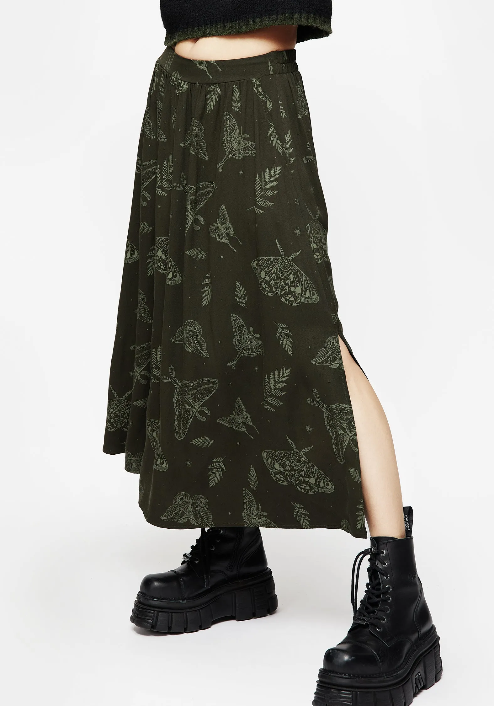 Callopistria Moth Print Midi Skirt - Green Vibrant Touch Simple Flow