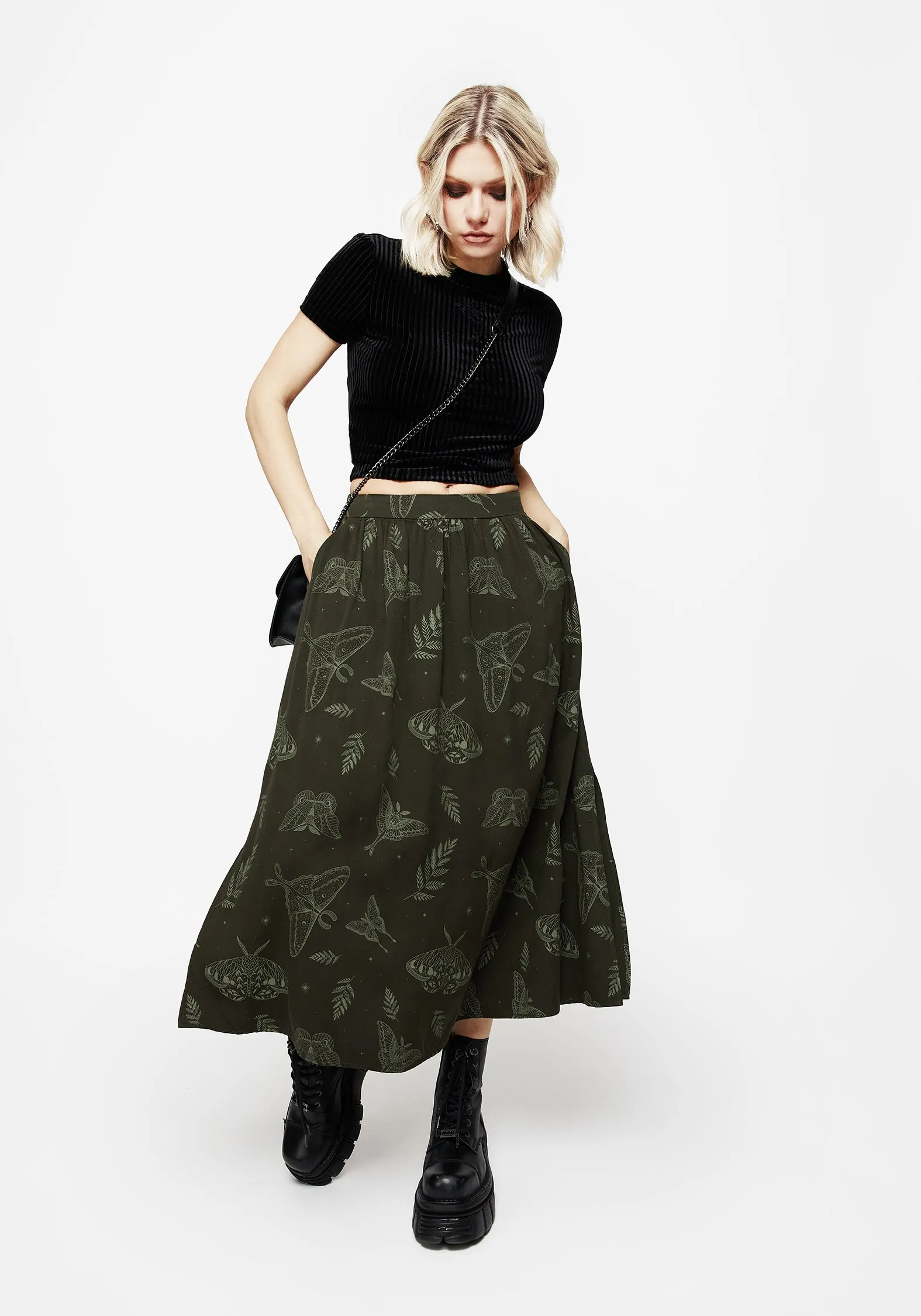 Callopistria Moth Print Midi Skirt - Green Daily Fashion