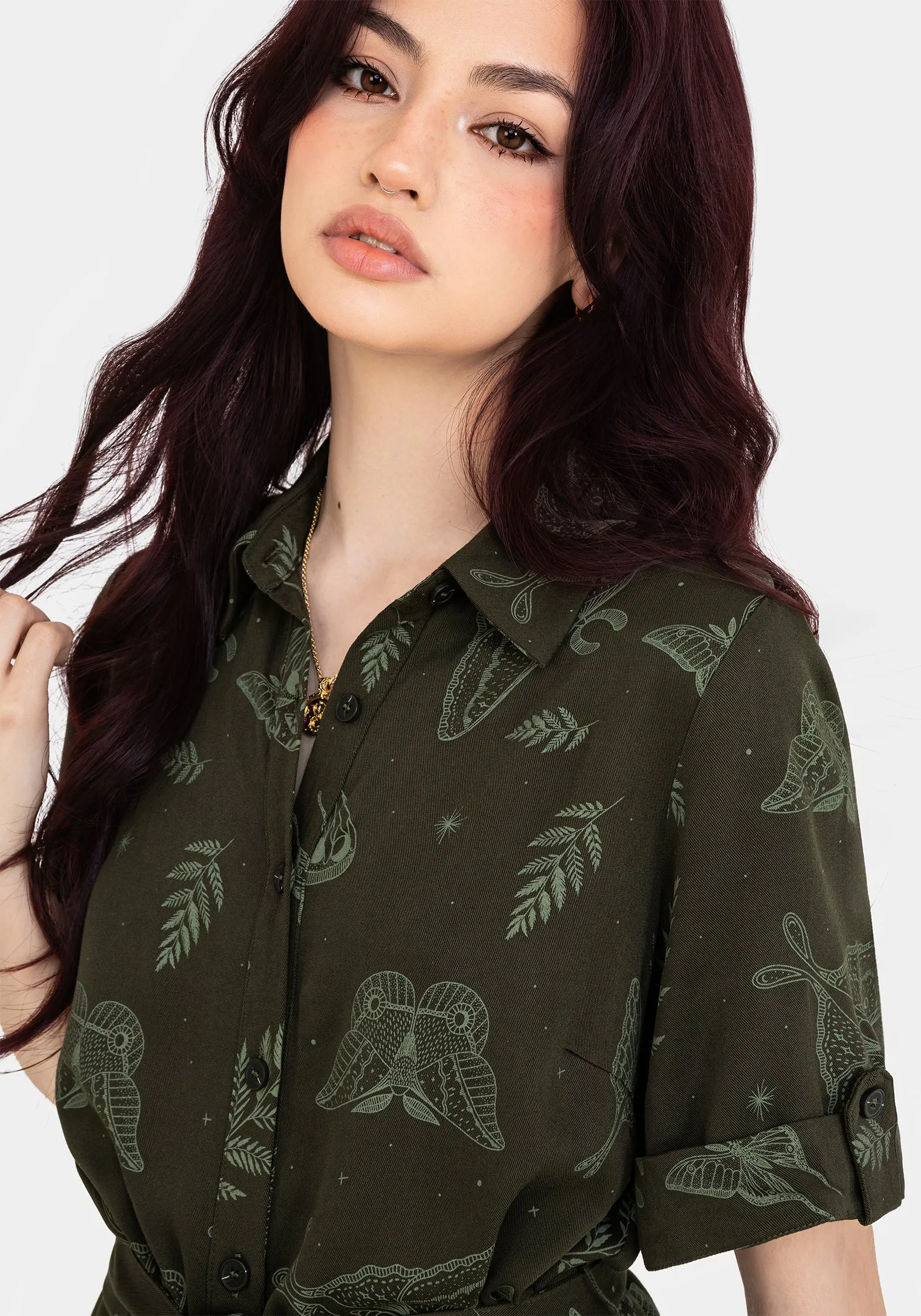 Warm Base Street-Style Callopistria Moth Print Mini Shirt Dress - Green