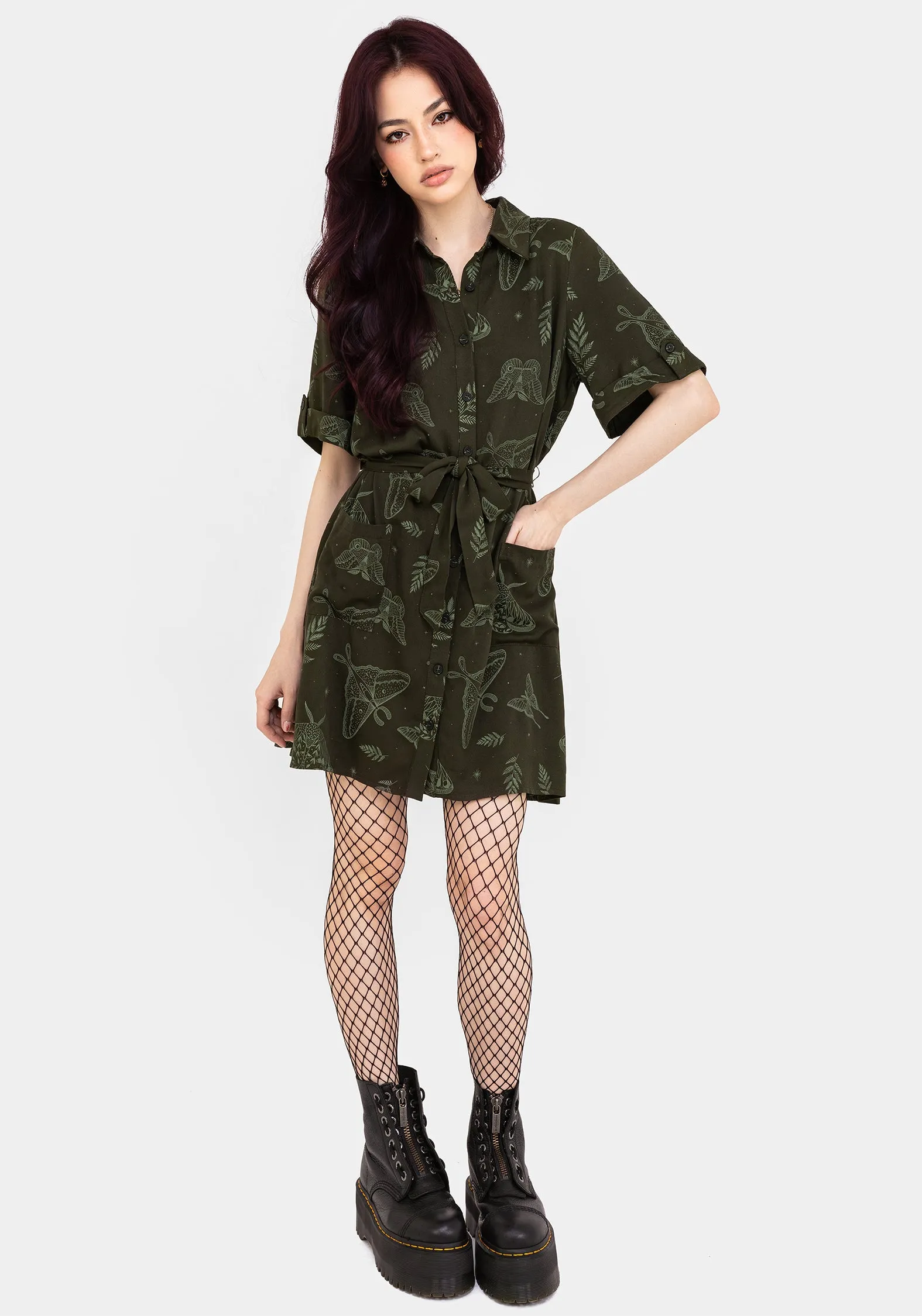 Callopistria Moth Print Mini Shirt Dress - Green Relaxed Vibe