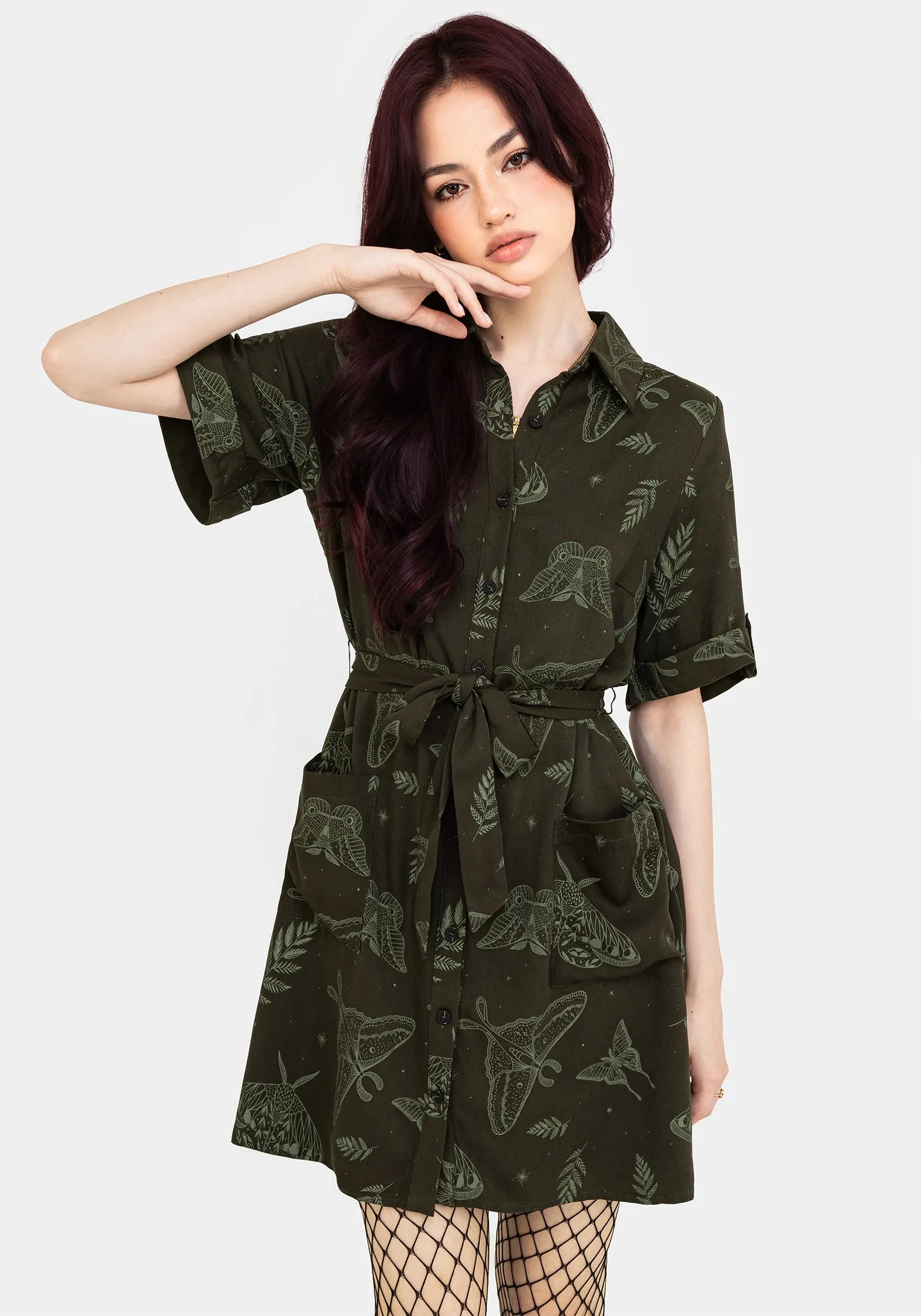 Rural Charm Callopistria Moth Print Mini Shirt Dress - Green