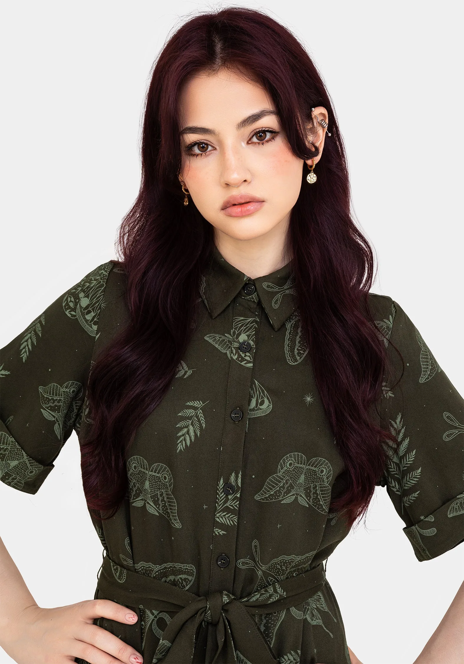 Travel Option Callopistria Moth Print Mini Shirt Dress - Green