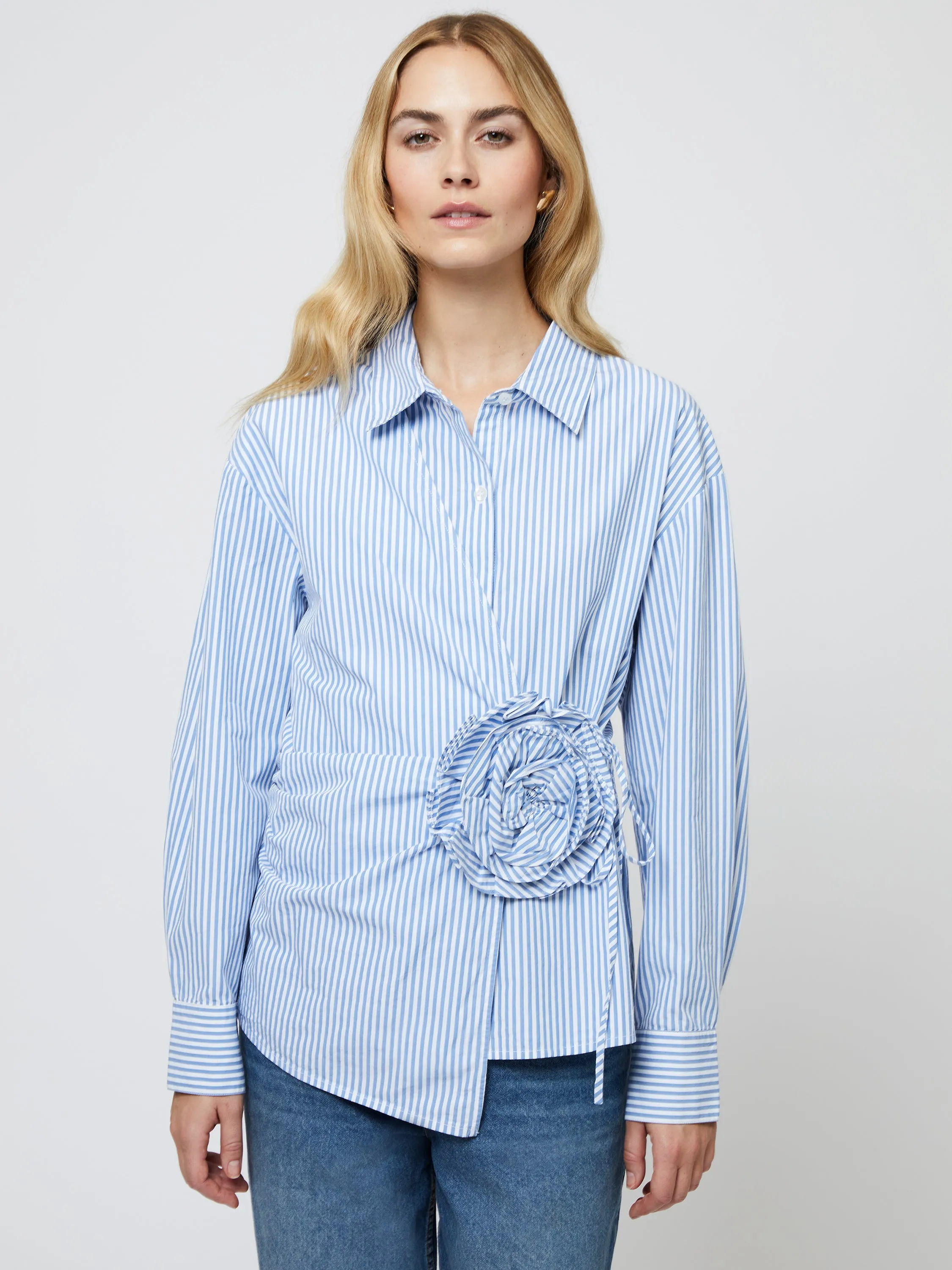 Cambria Cotton Corsage Striped Shirt Layered Panel Design MultiFunctionalPockets