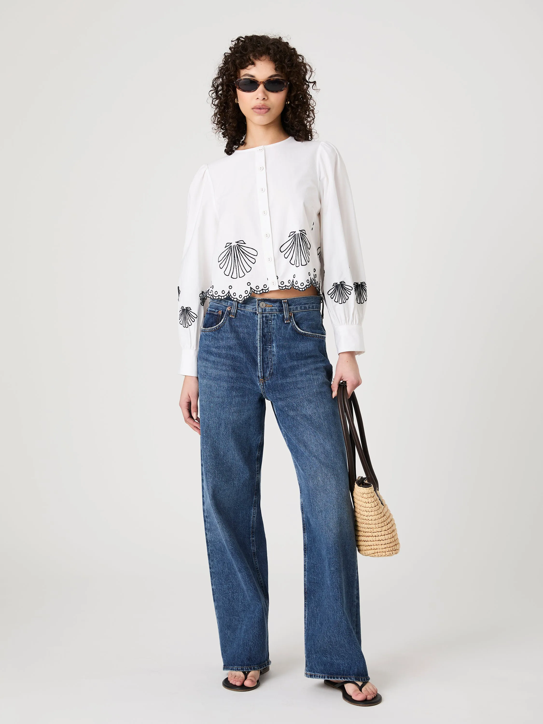 Grid Back Panel MicroPerforated Details Cambria Embroidered Long Sleeve Top