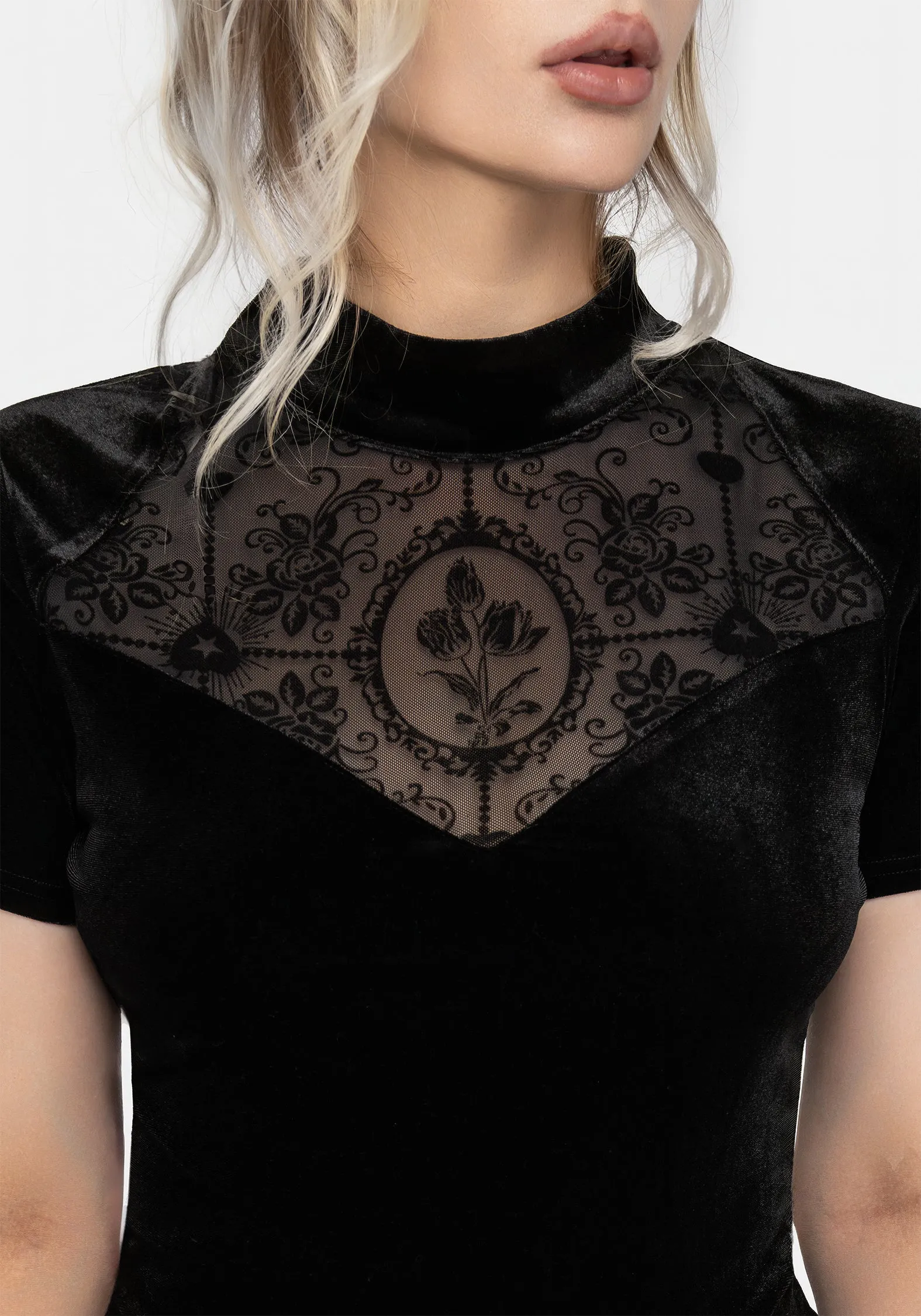 HighNeckline Pocket Reinforcement Cameo Floral Flocked Mesh Velour High Neck Top