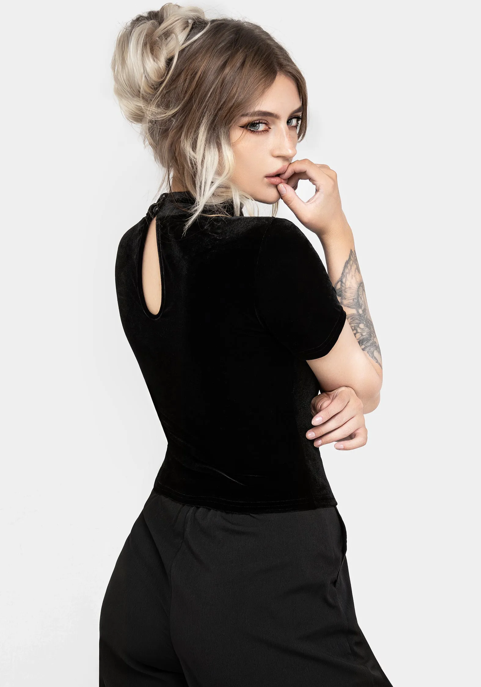 TaglessDesign Cameo Floral Flocked Mesh Velour High Neck Top