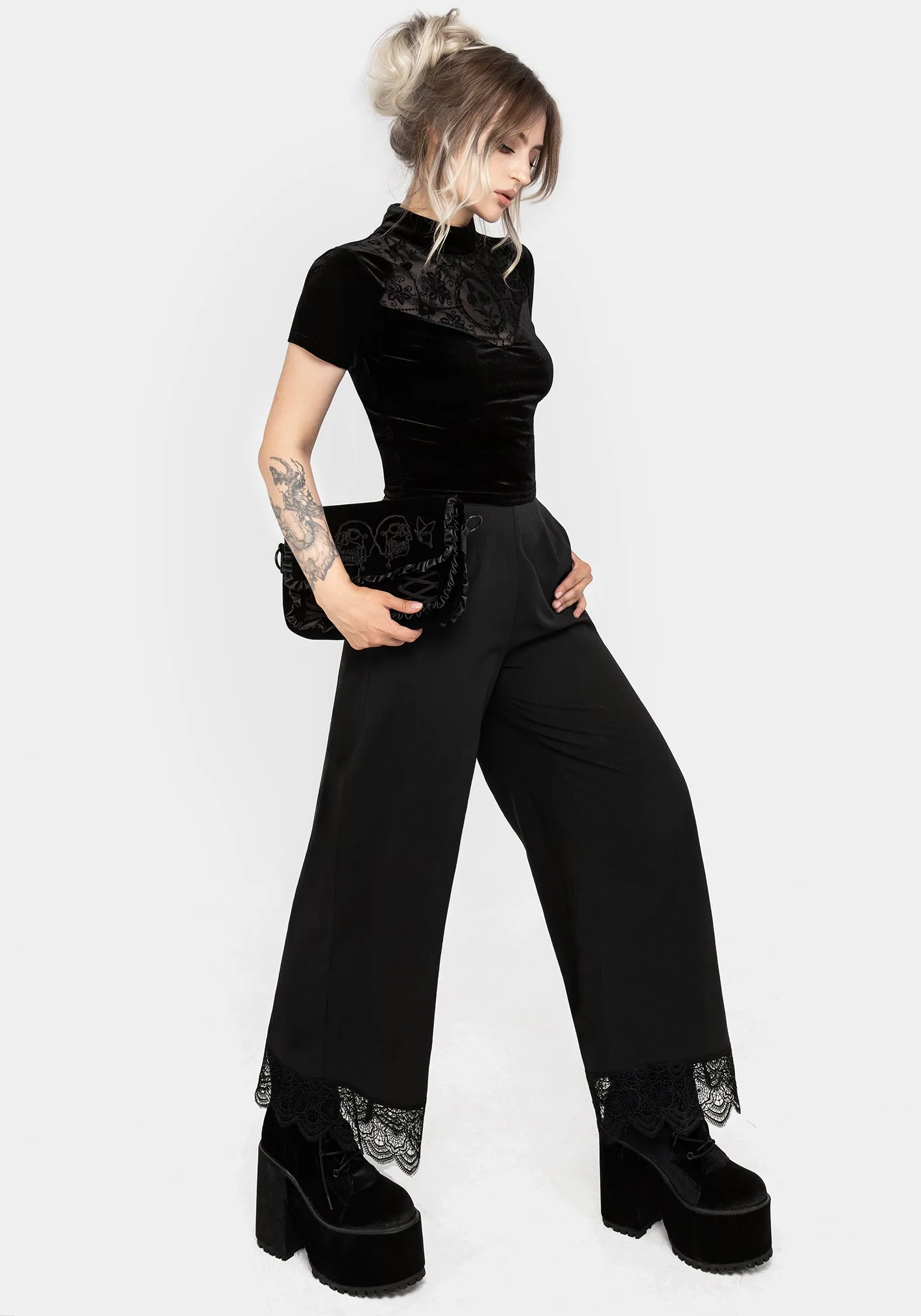 Cameo Floral Flocked Mesh Velour High Neck Top Breathable Knit Fabric