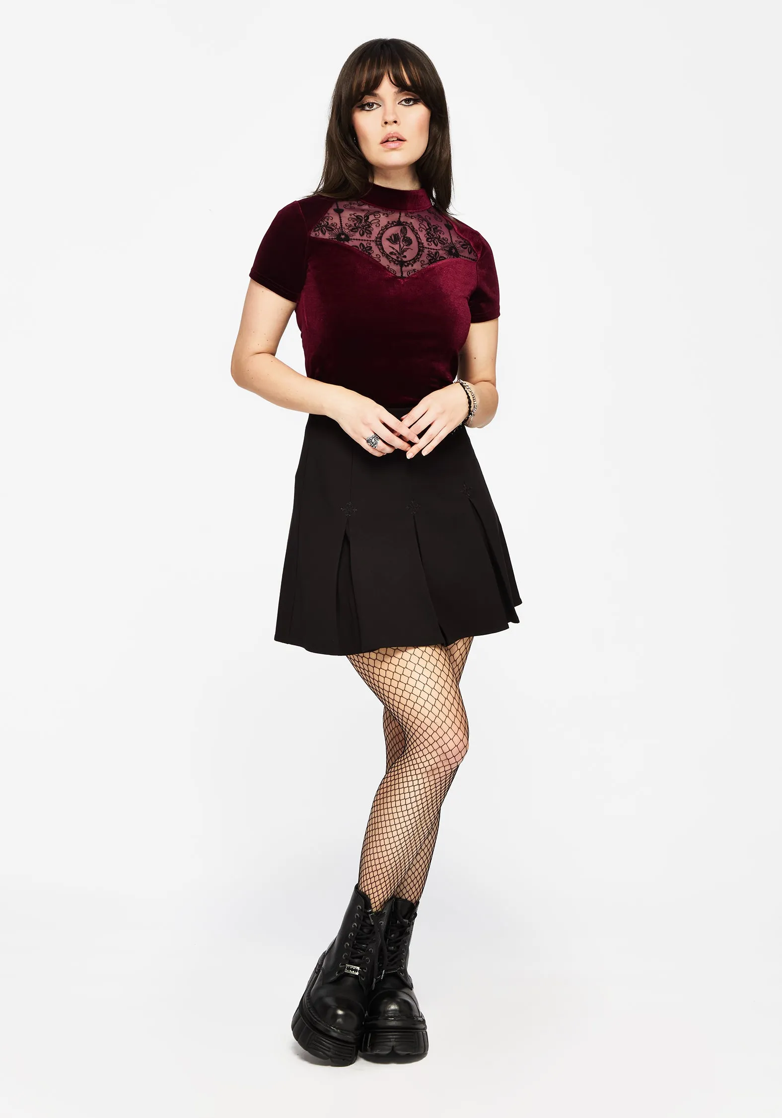 Lightweight Material Cameo Floral Flocked Mesh Velour High Neck Top - Red