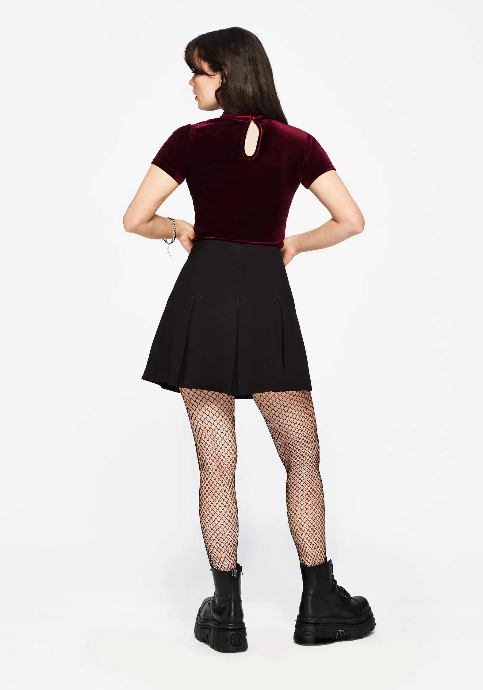 Cameo Floral Flocked Mesh Velour High Neck Top - Red Reinforced Neckline