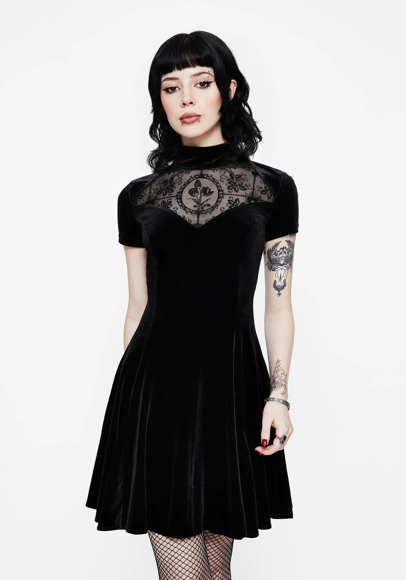 Subtle Comfort Cameo High Neck Flocked Mesh Insert Skater Mini Dress