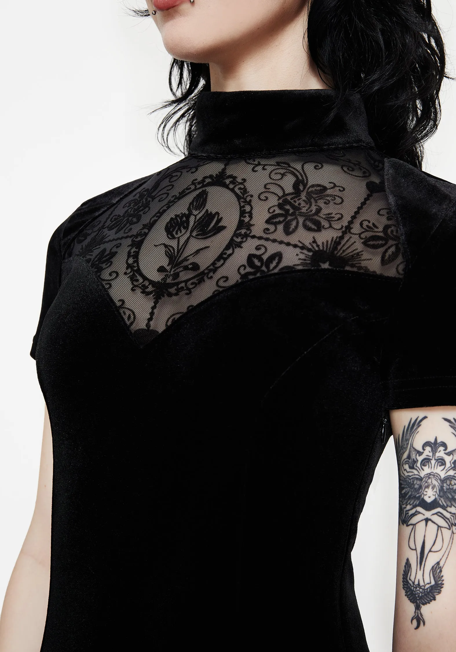 Cameo High Neck Flocked Mesh Insert Skater Mini Dress Modern Flow