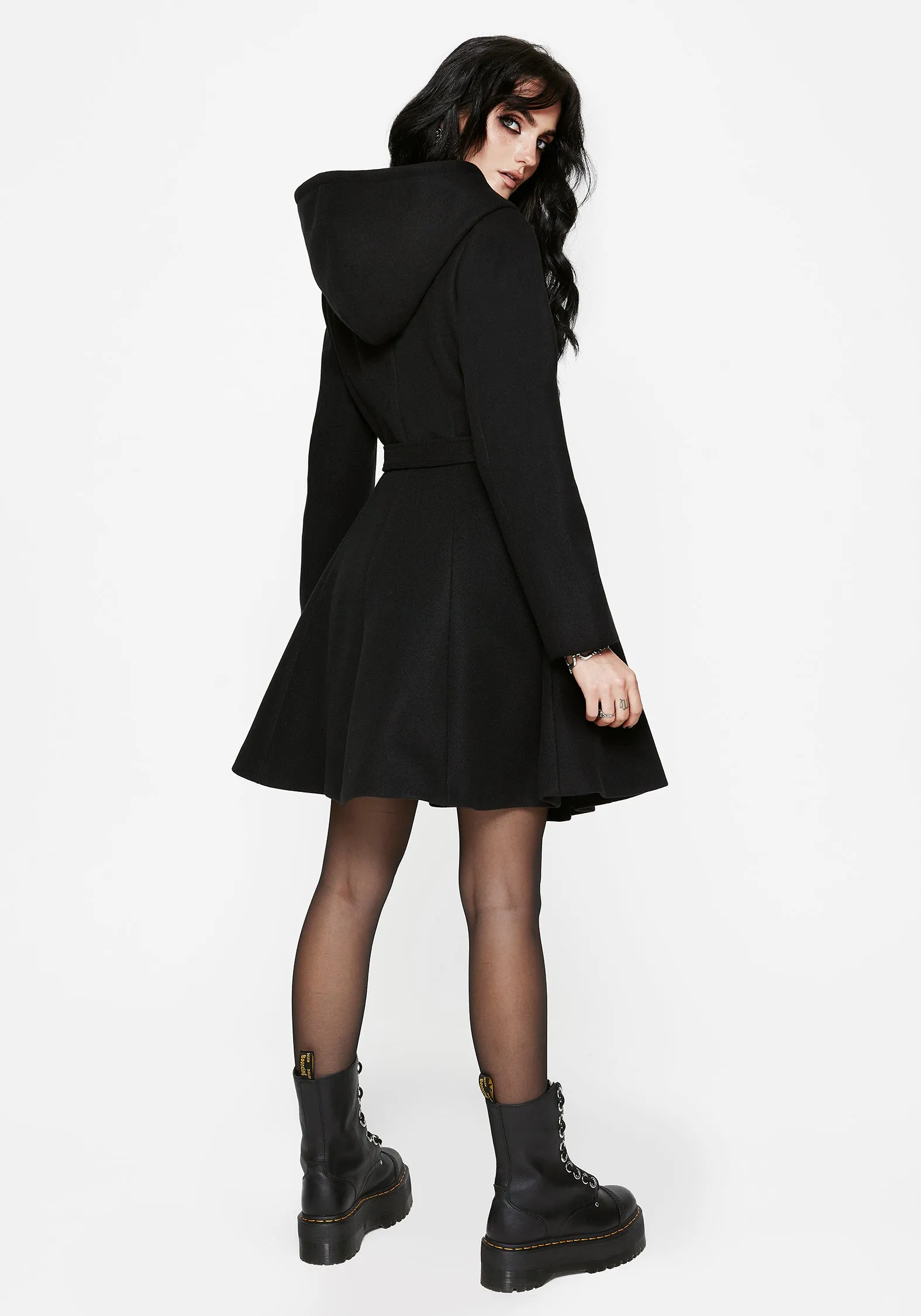 StretchableMaterial Camilla Tie Waist Hooded Coat With Bug Brooch