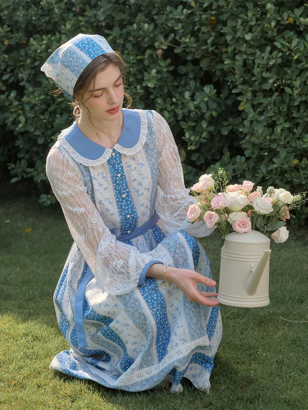 Layered Form Smooth Surface Camille Patchwork Doll Neck Printed Belted Long Dress