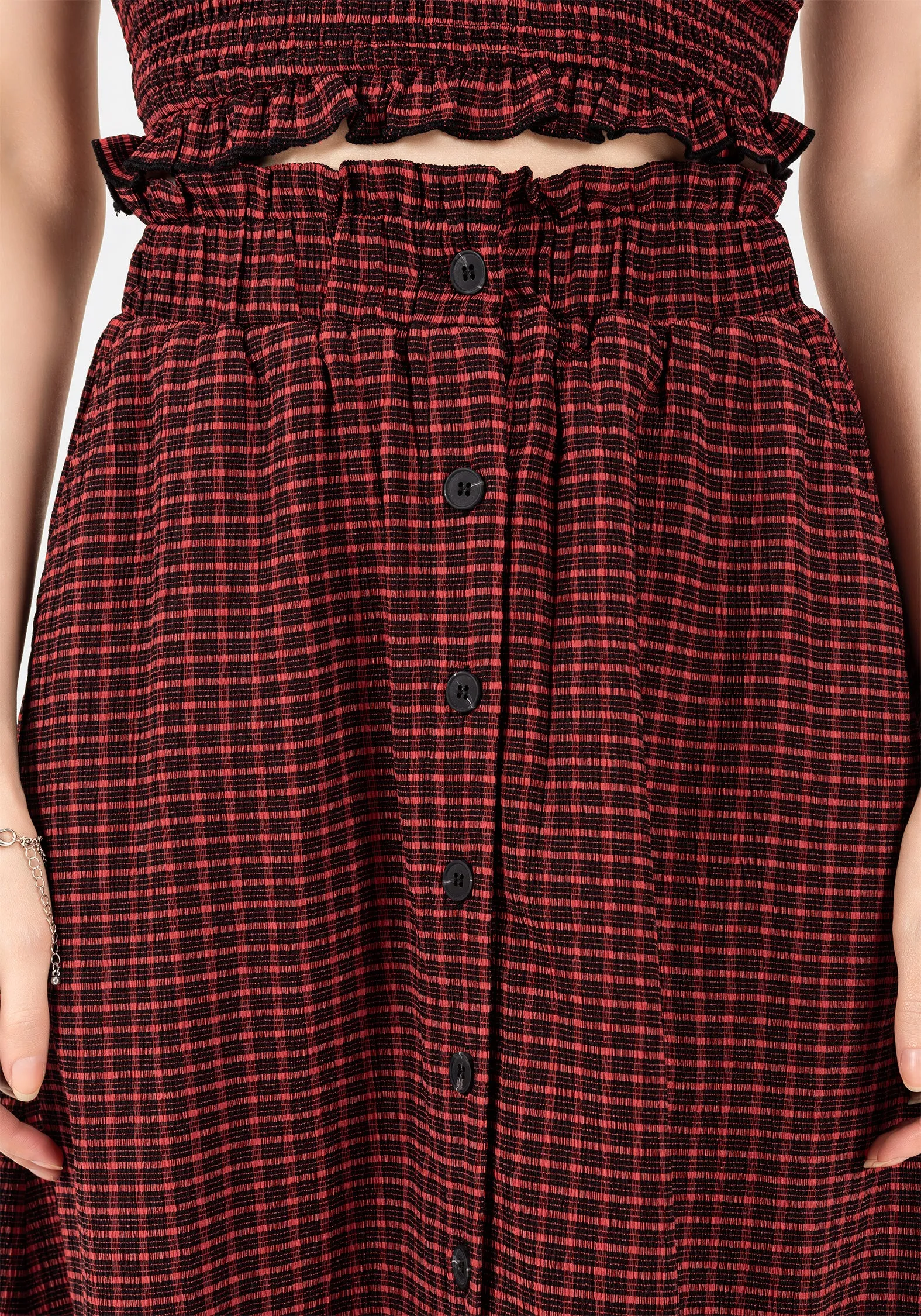 Carmine Textured Check Button Up Midaxi Skirt Ankle length A line