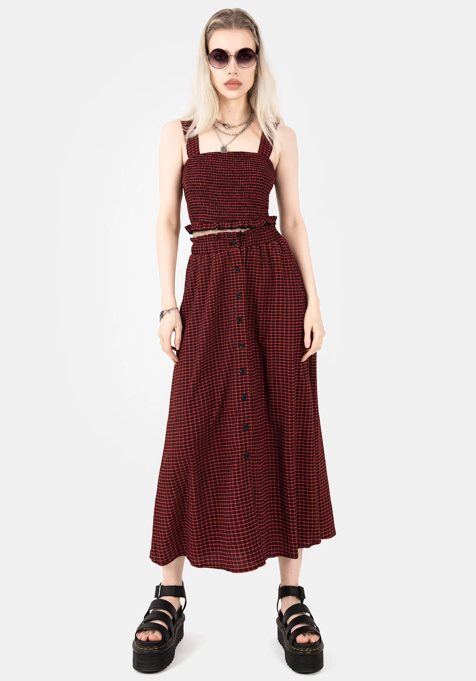 Carmine Textured Check Button Up Midaxi Skirt Signature Line Tiered Layers