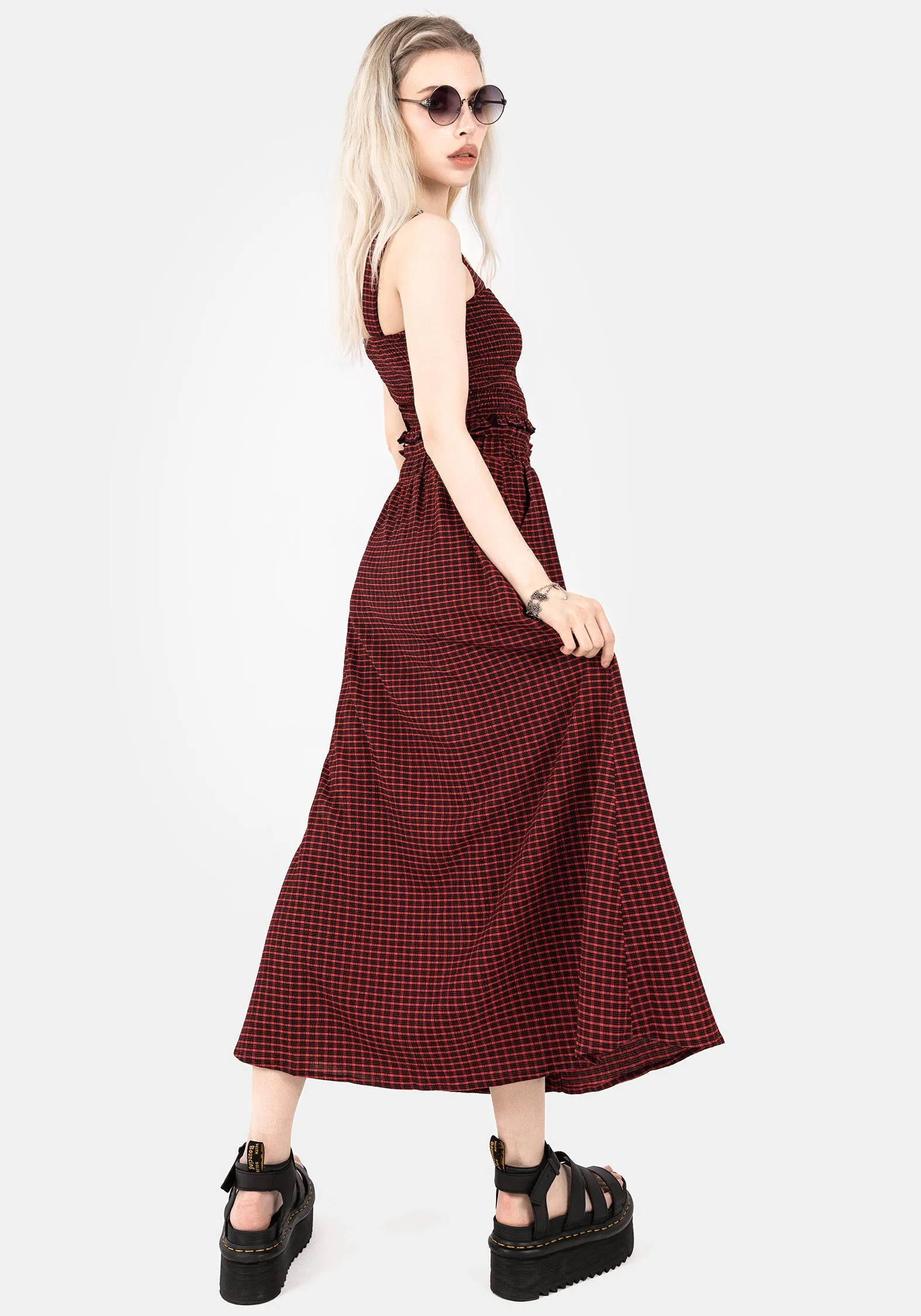 Carmine Textured Check Button Up Midaxi Skirt Light Fabric Smart Edge