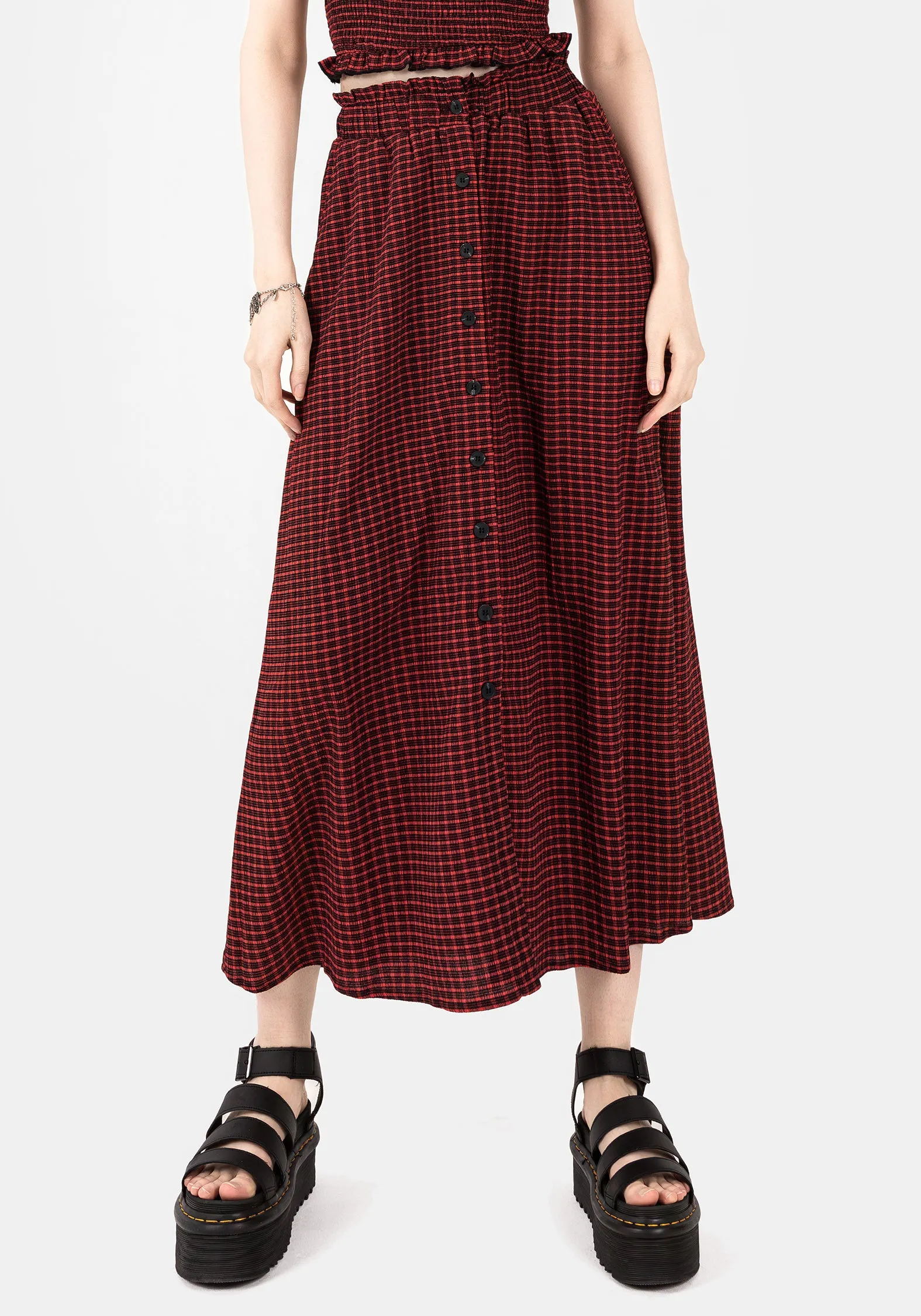Street Inspired Flexible Knee Panels Carmine Textured Check Button Up Midaxi Skirt