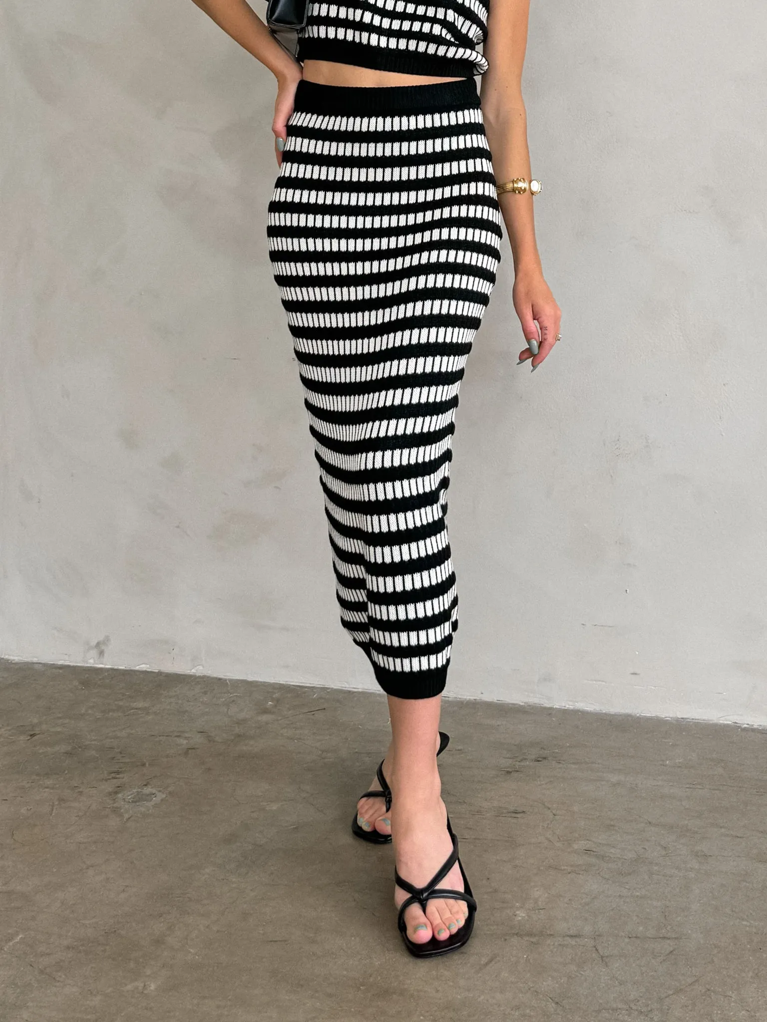 Ready To Go Loop Back Finish Castaway Stripe Knit Midi Skirt - Final Sale