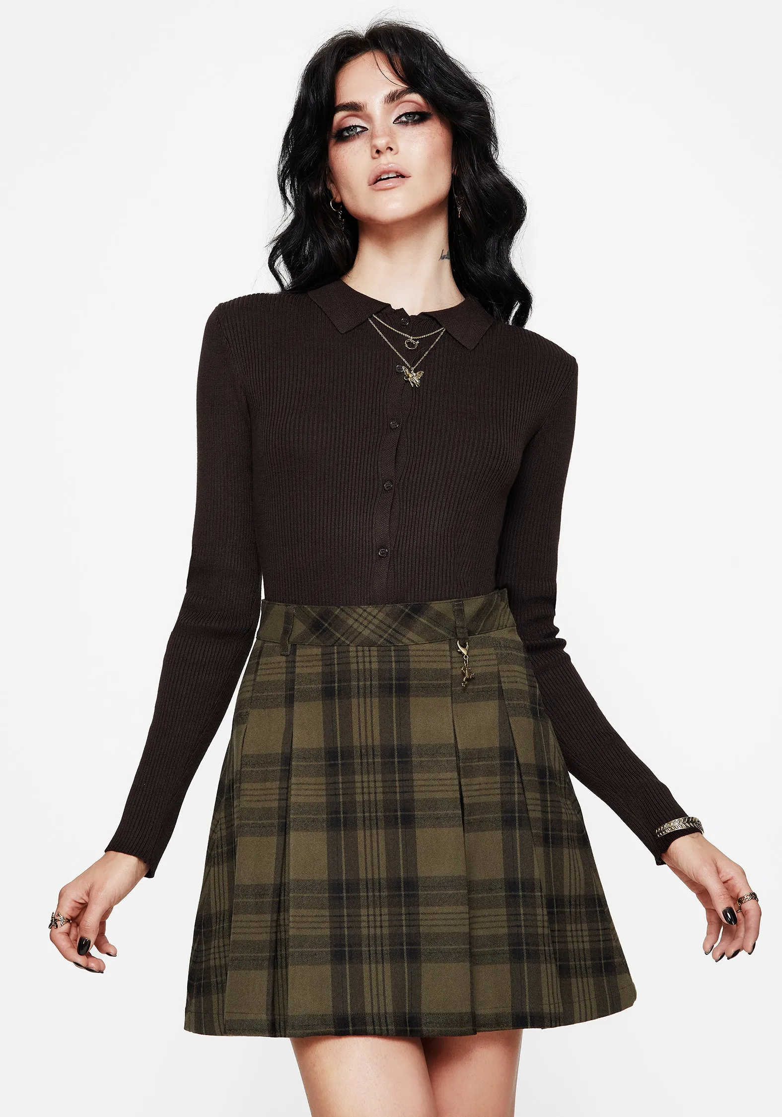 Crisscross Details Crisp Finish Cecily Check Pleated Mini Skirt With Frog Charm