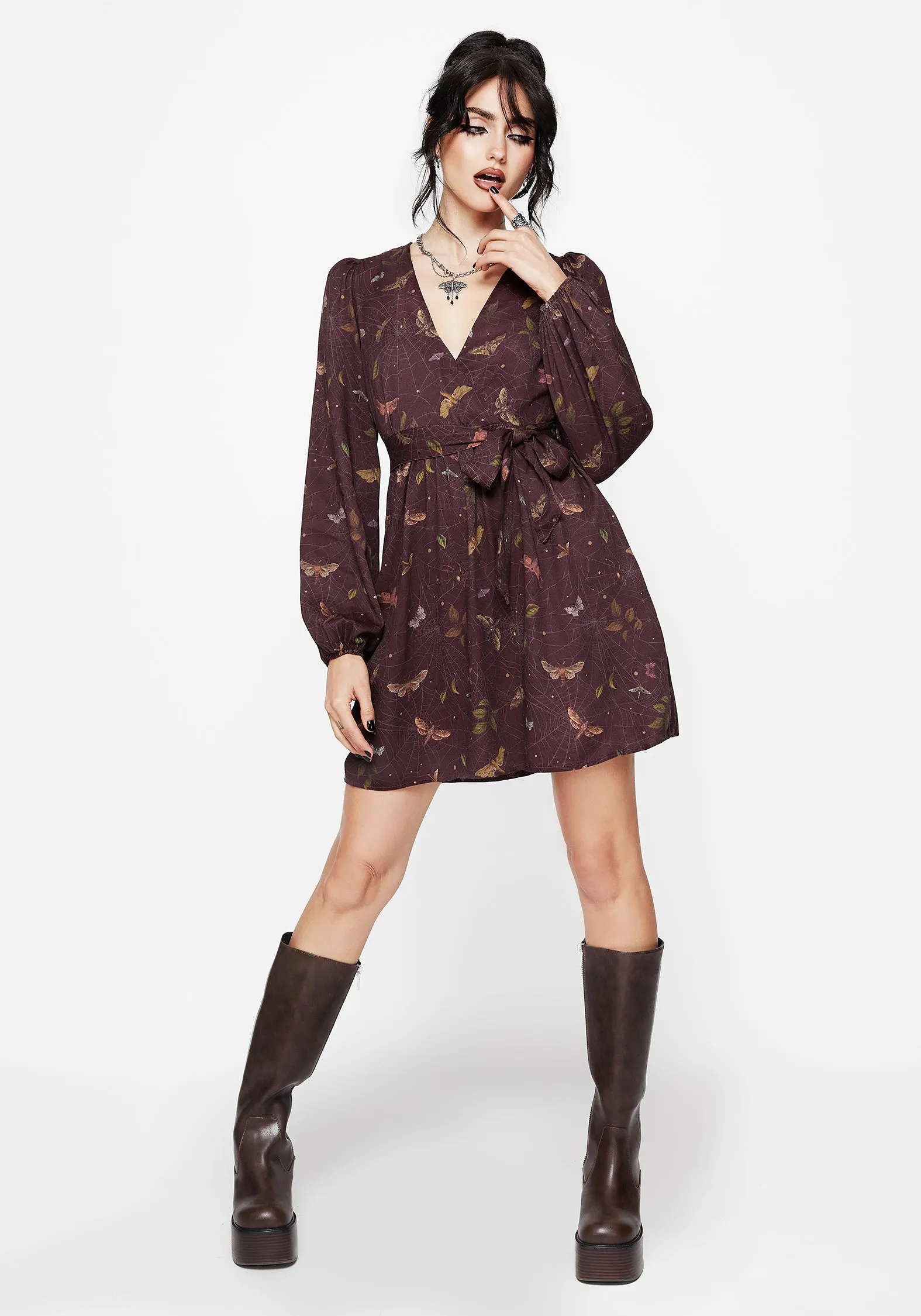Belted-Style Celia Moth Printed Mini Wrap Dress