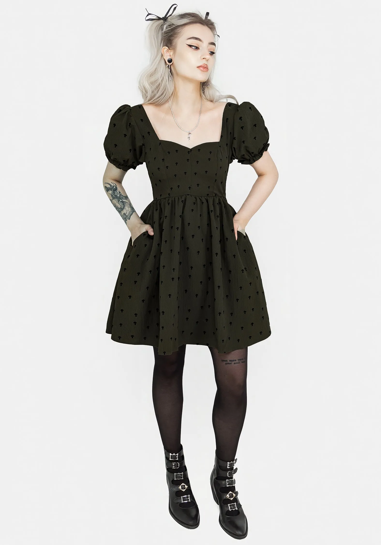 Care-Instructions-Included Self Power Chanterelle Velour Puff Sleeve Mini Dress